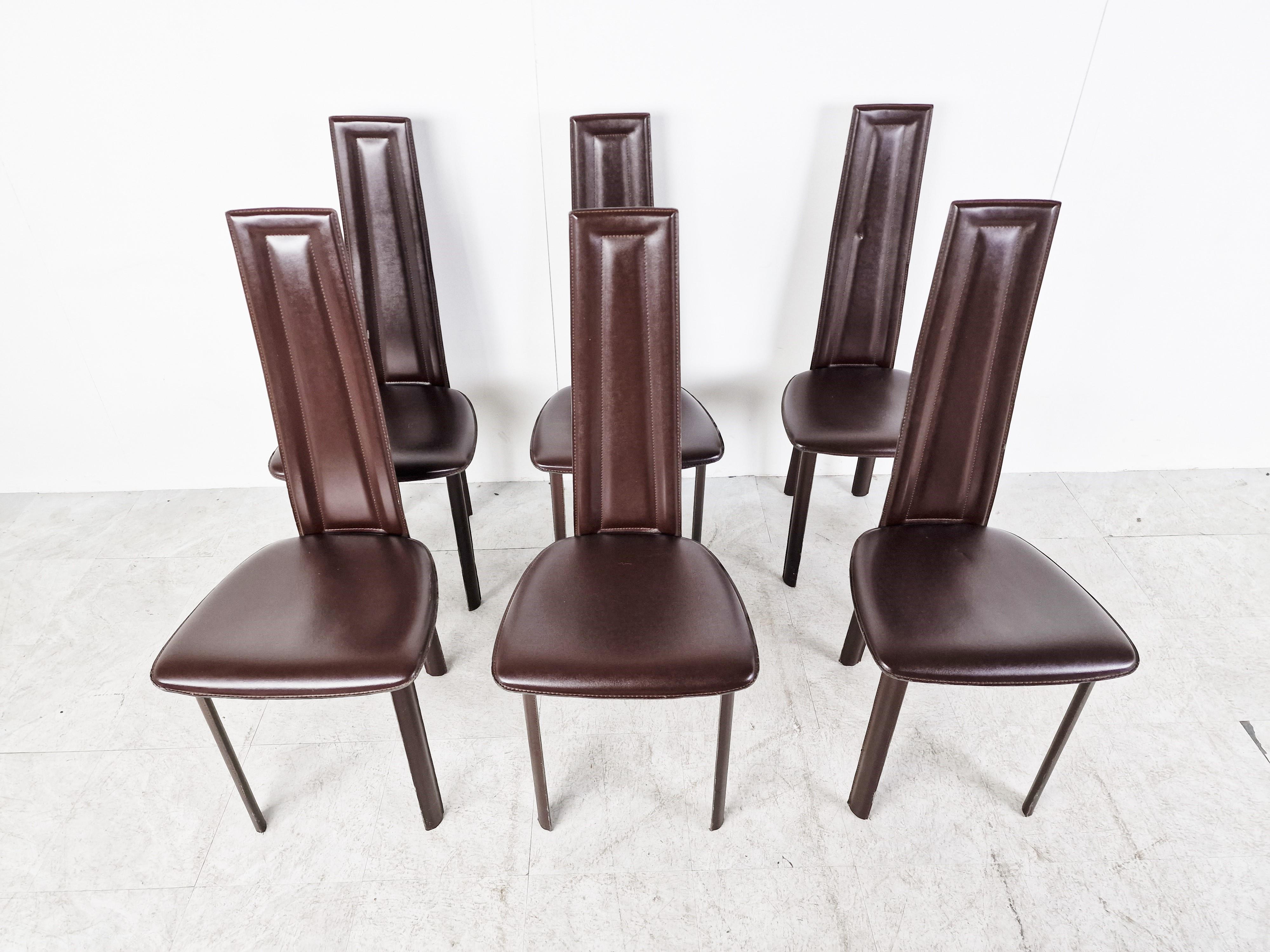 Italian Vintage Brown Leather Dining Chairs, Set of 6, 1980s For Sale