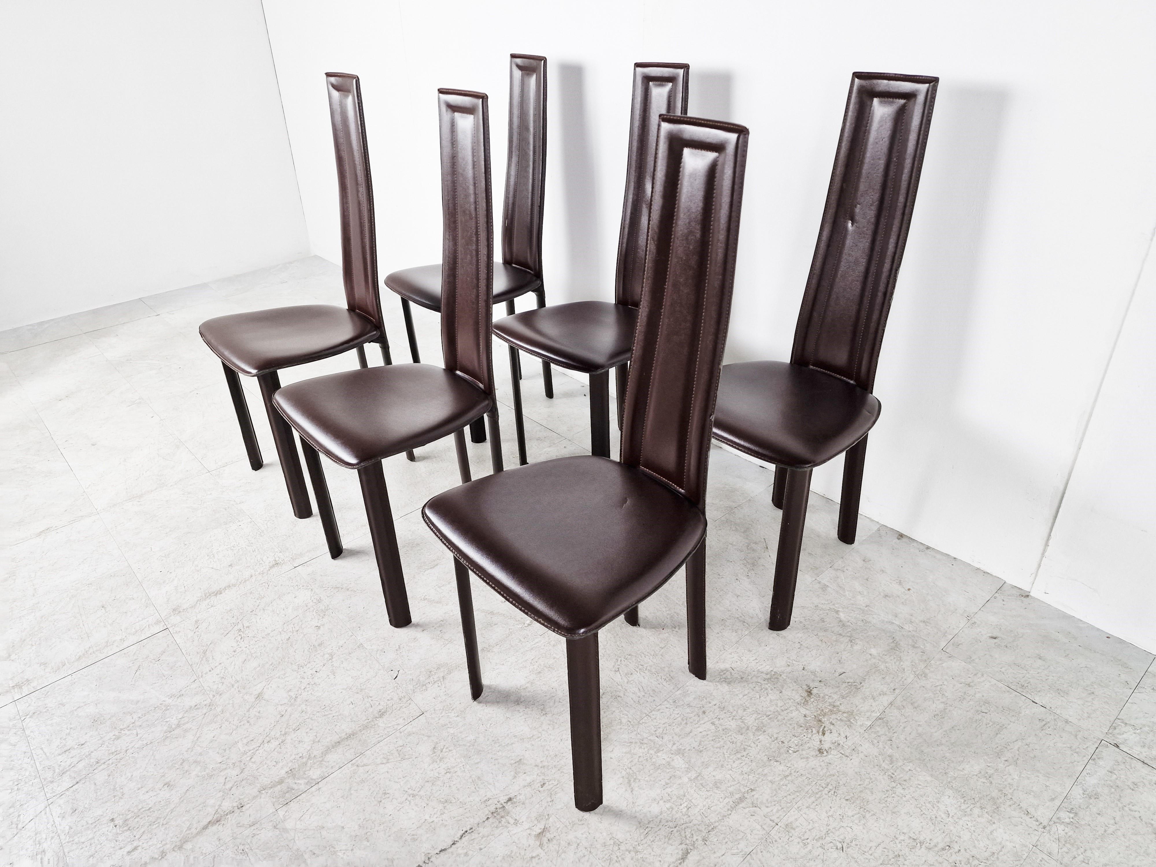 Vintage Brown Leather Dining Chairs, Set of 6, 1980s In Good Condition For Sale In HEVERLEE, BE