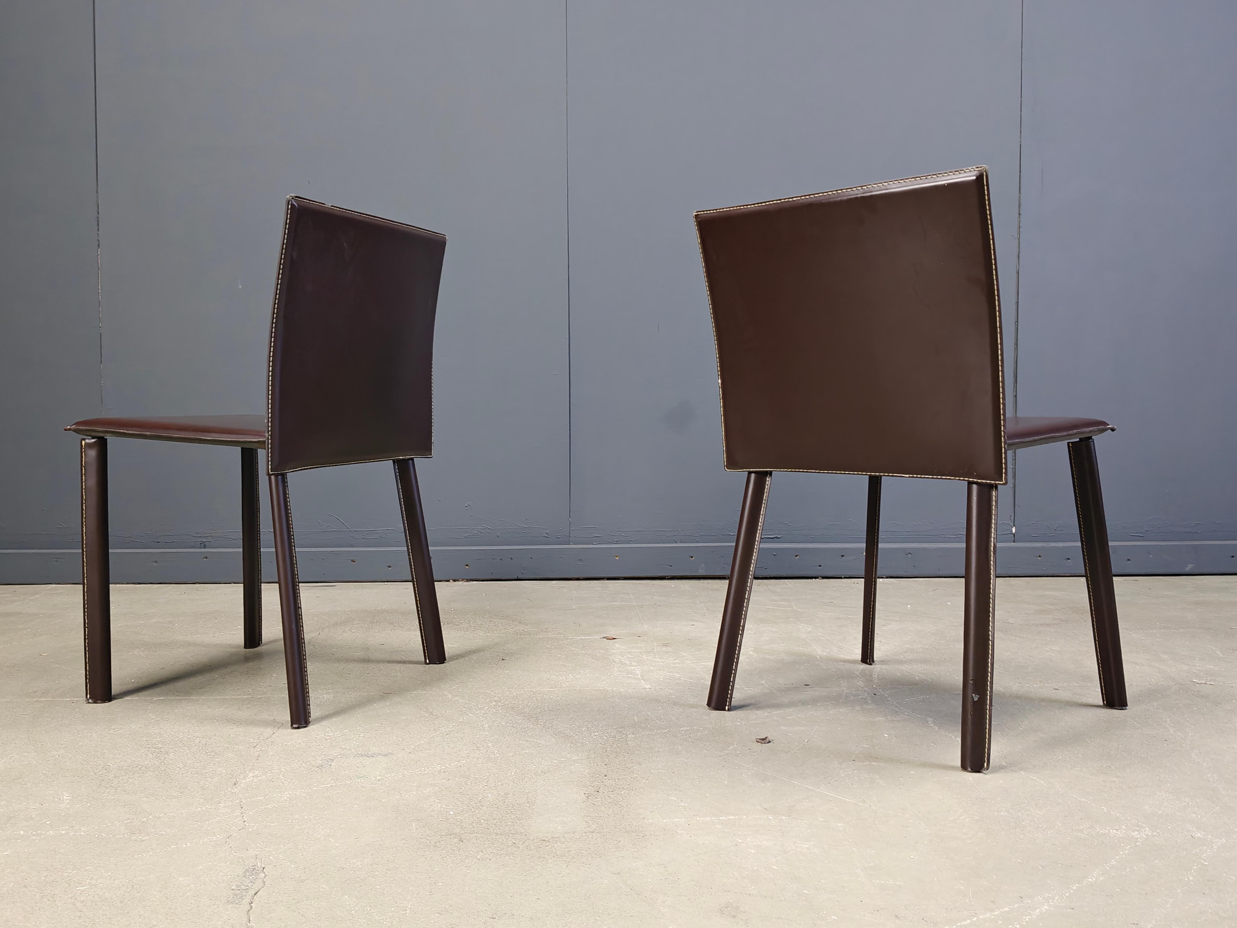Esstischstühle aus braunem Leder, 6er Set, 1980er Jahre im Zustand „Gut“ im Angebot in Leuven, Vlaams Gewest