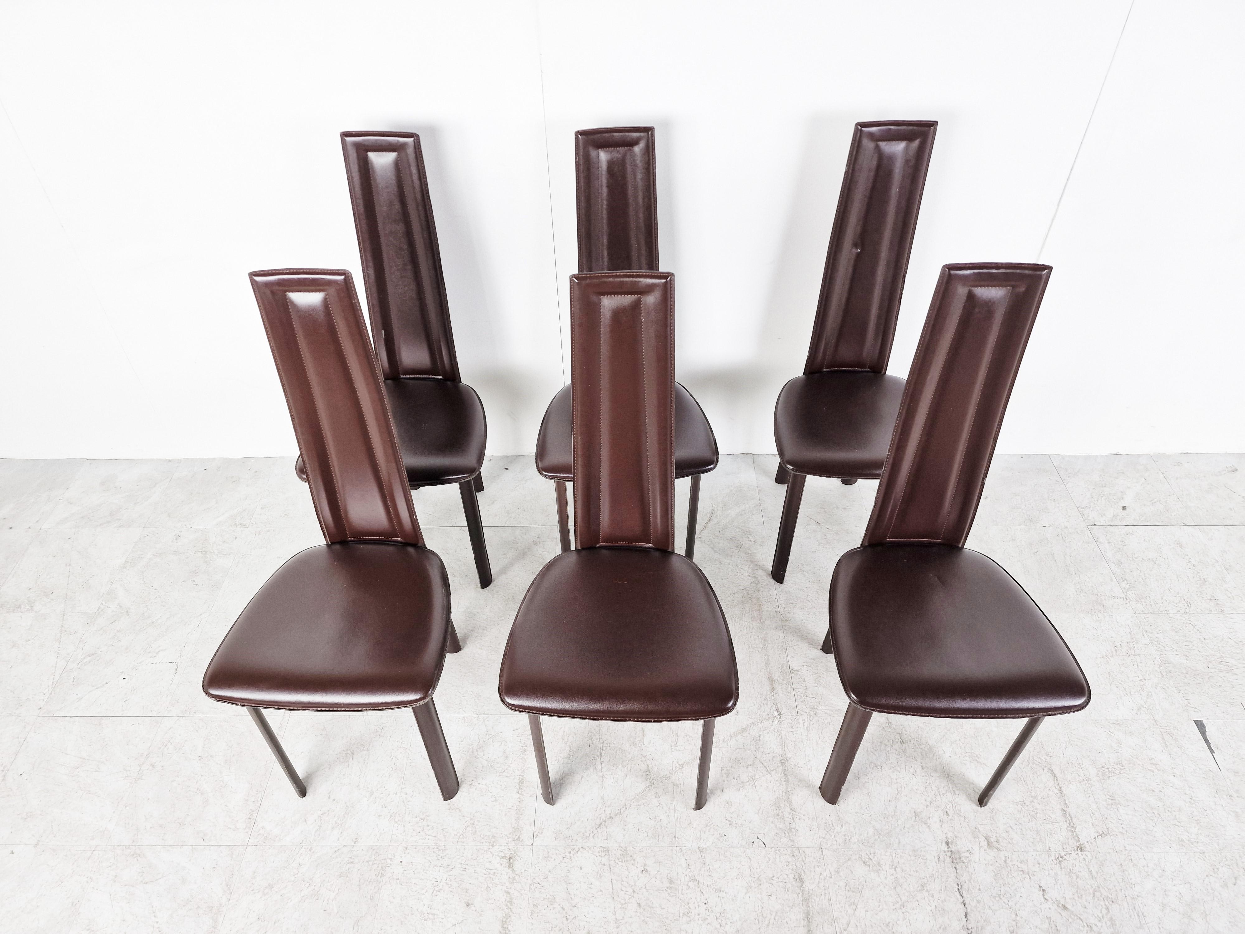 Vintage Brown Leather Dining Chairs, Set of 6, 1980s For Sale 2