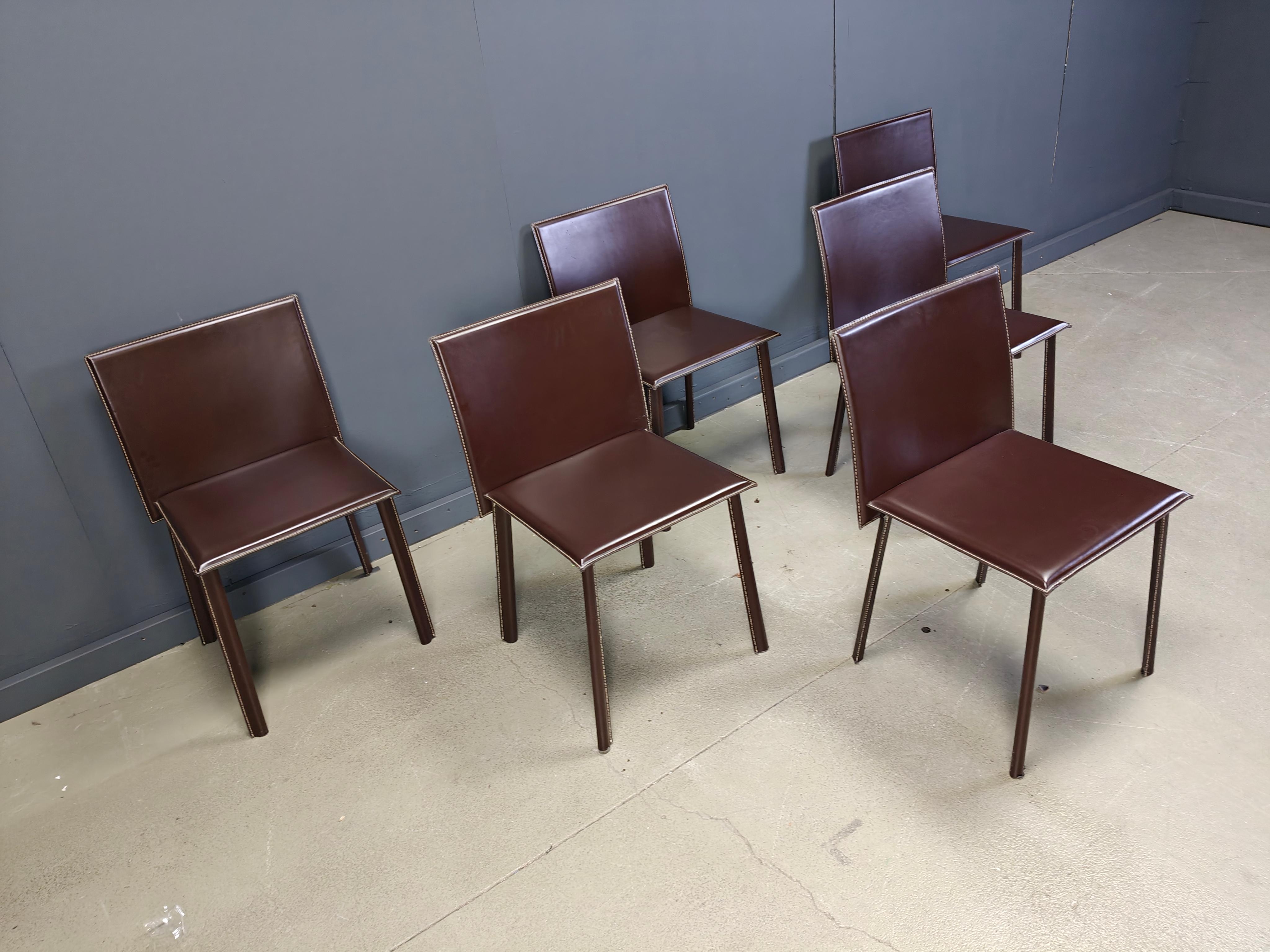 Esstischstühle aus braunem Leder, 6er Set, 1980er Jahre im Angebot 2