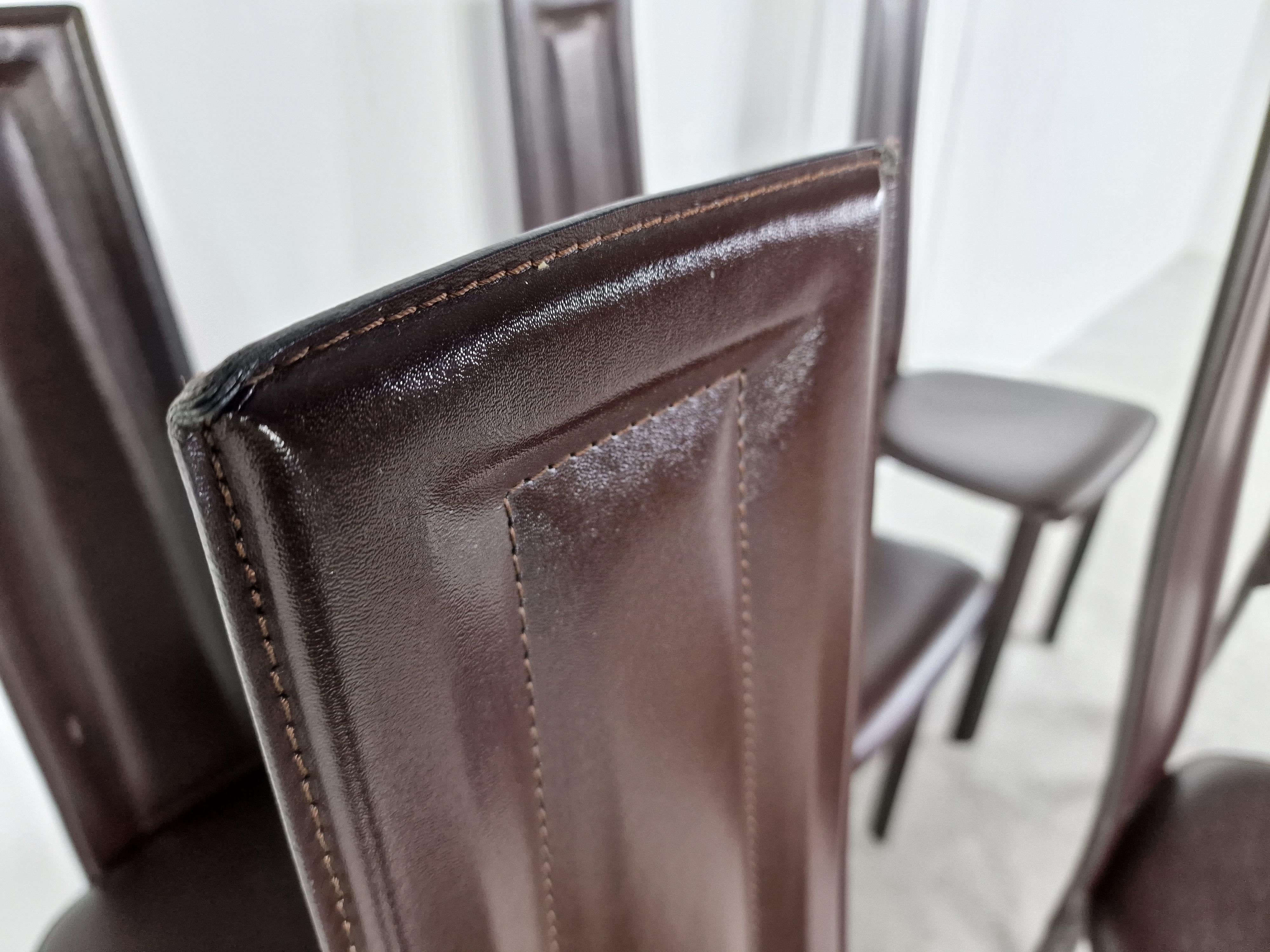 Vintage Brown Leather Dining Chairs, Set of 6, 1980s For Sale 3