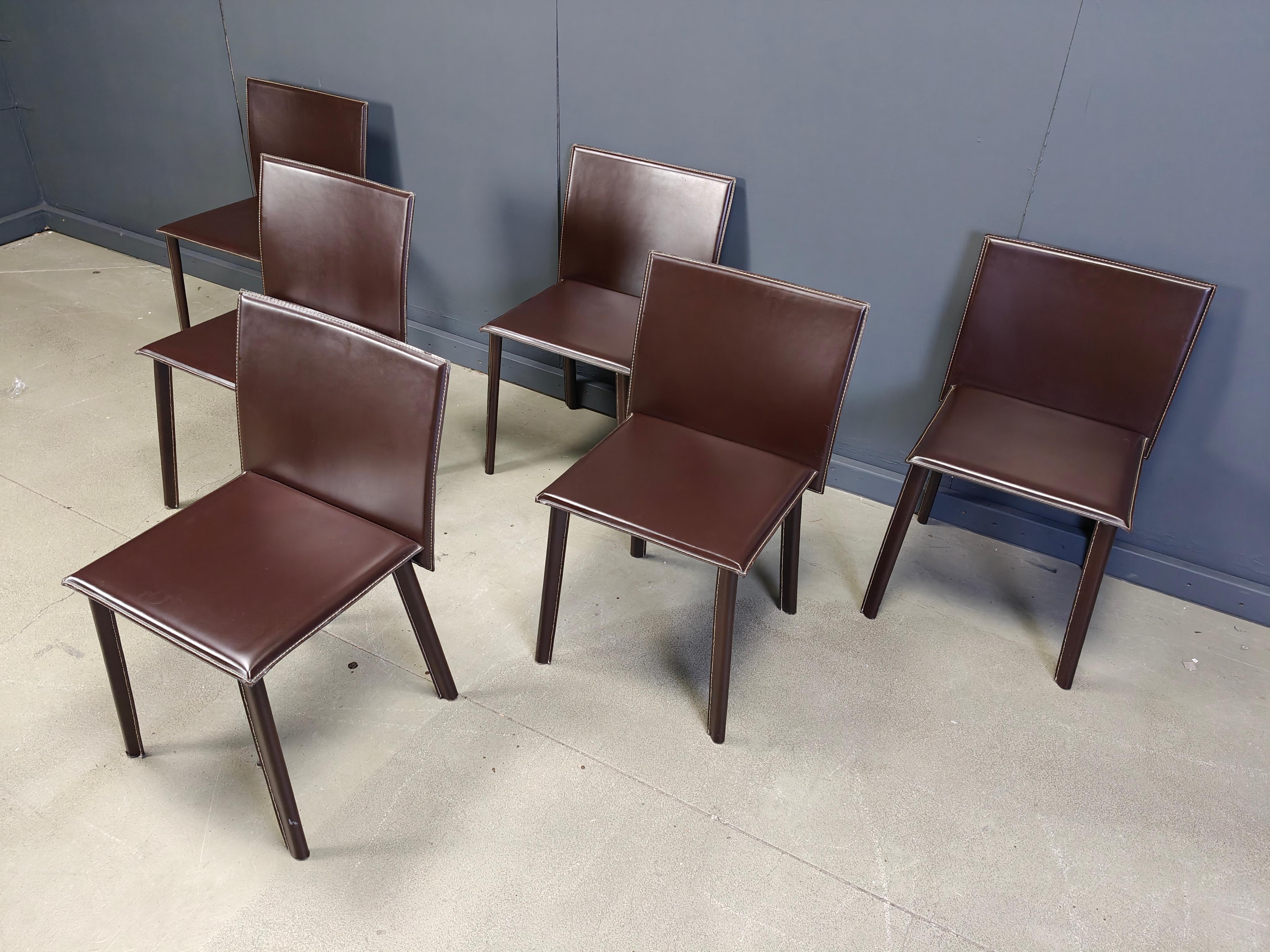 Esstischstühle aus braunem Leder, 6er Set, 1980er Jahre im Angebot 3