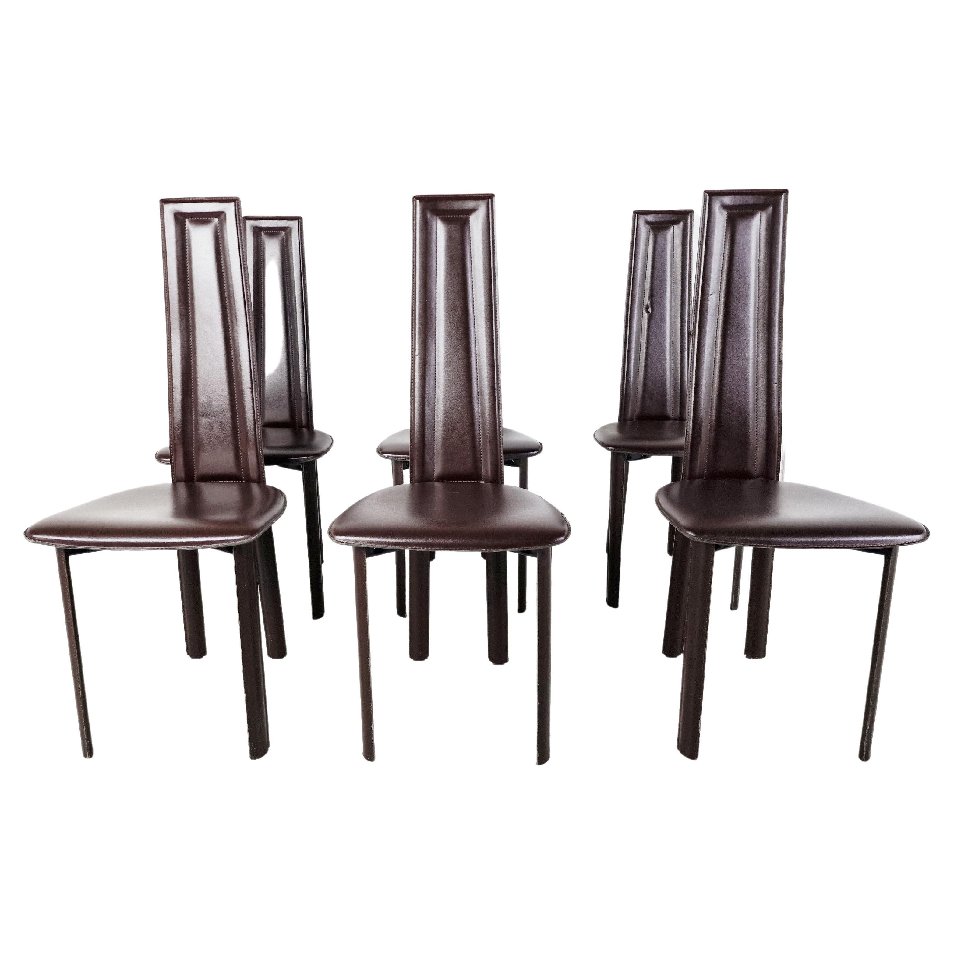 Vintage Brown Leather Dining Chairs, Set of 6, 1980s For Sale