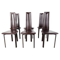 Chaises de salle à manger vintage en cuir marron, lot de 6, années 1980