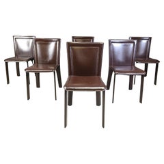 Vintage brown leather dining chairs, set of 6, 1980s