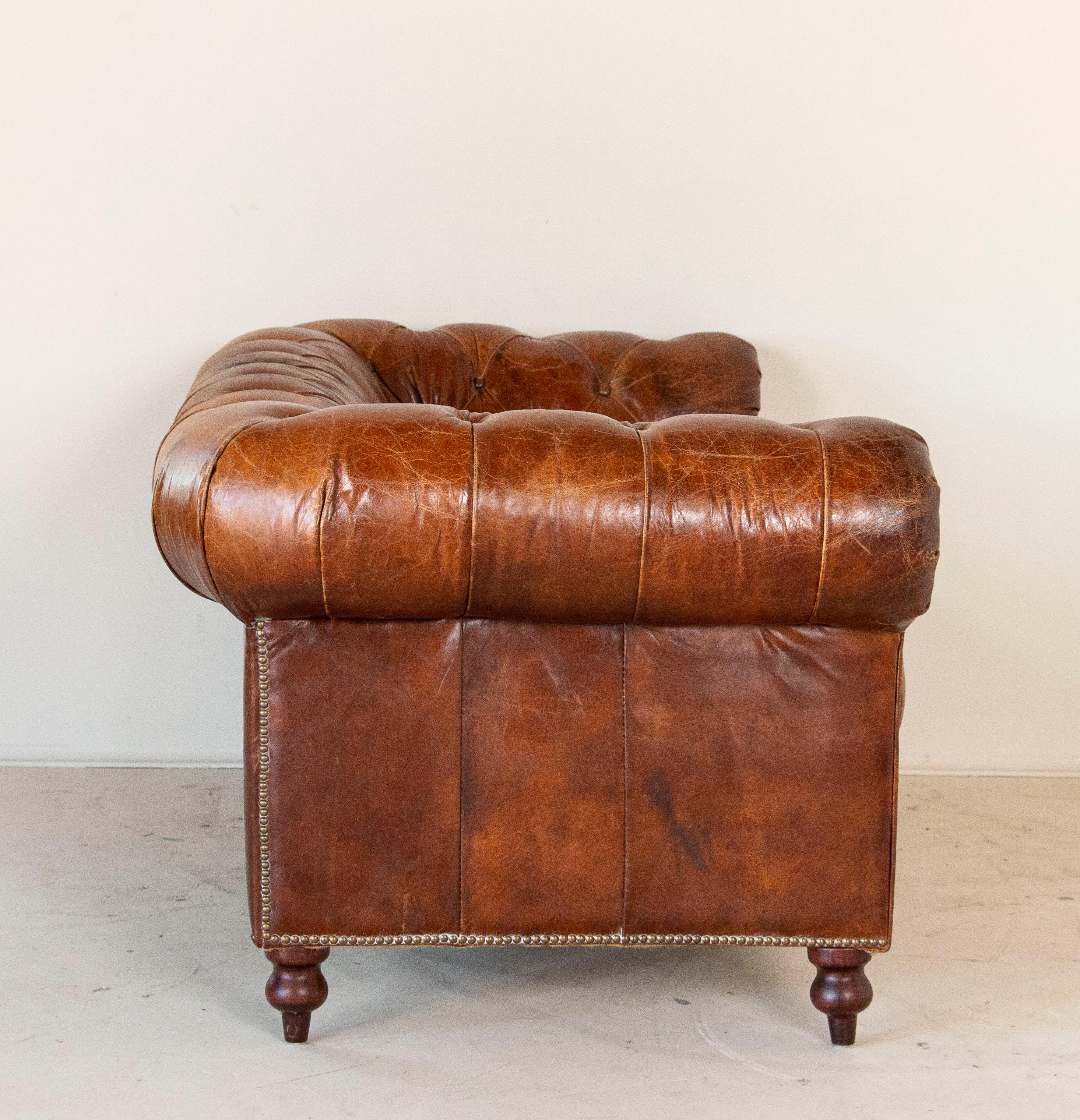 Vintage Brown Leather English Chesterfield Sofa 4
