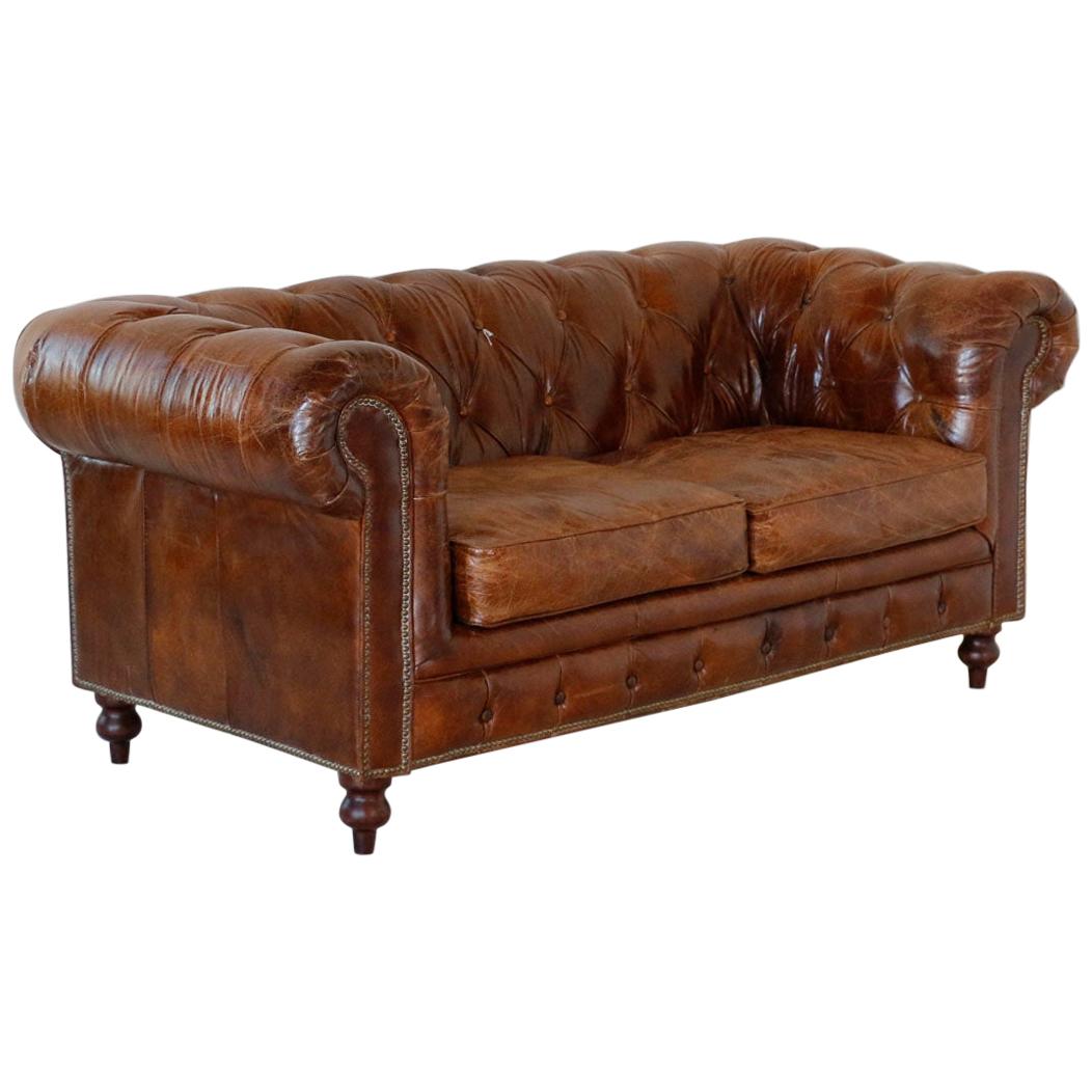 Vintage Brown Leather English Chesterfield Sofa