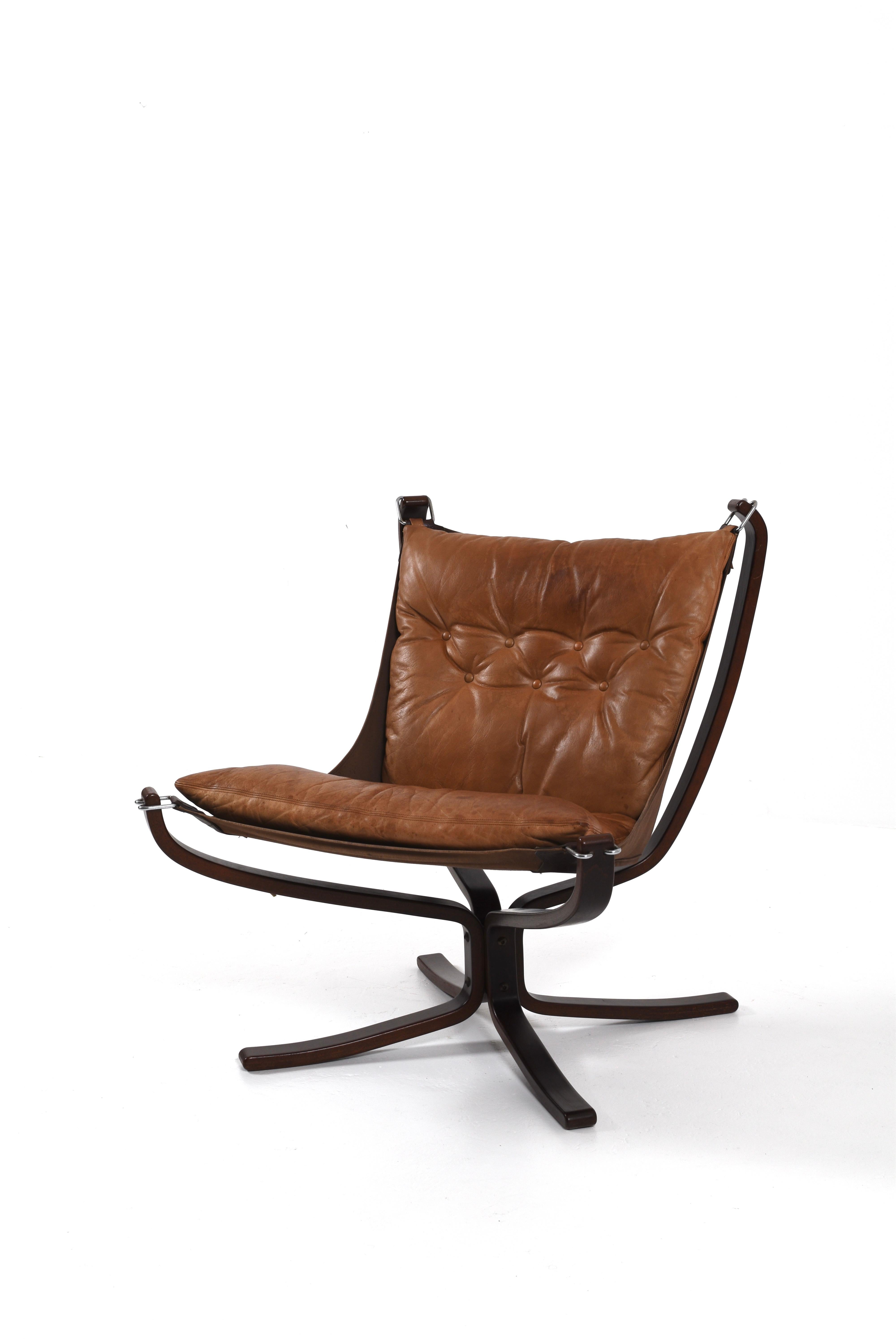 Mid-Century Modern Vintage Brown Leather Falcon Lounge Chair by Sigurd Ressell, Norway, 70s For Sale