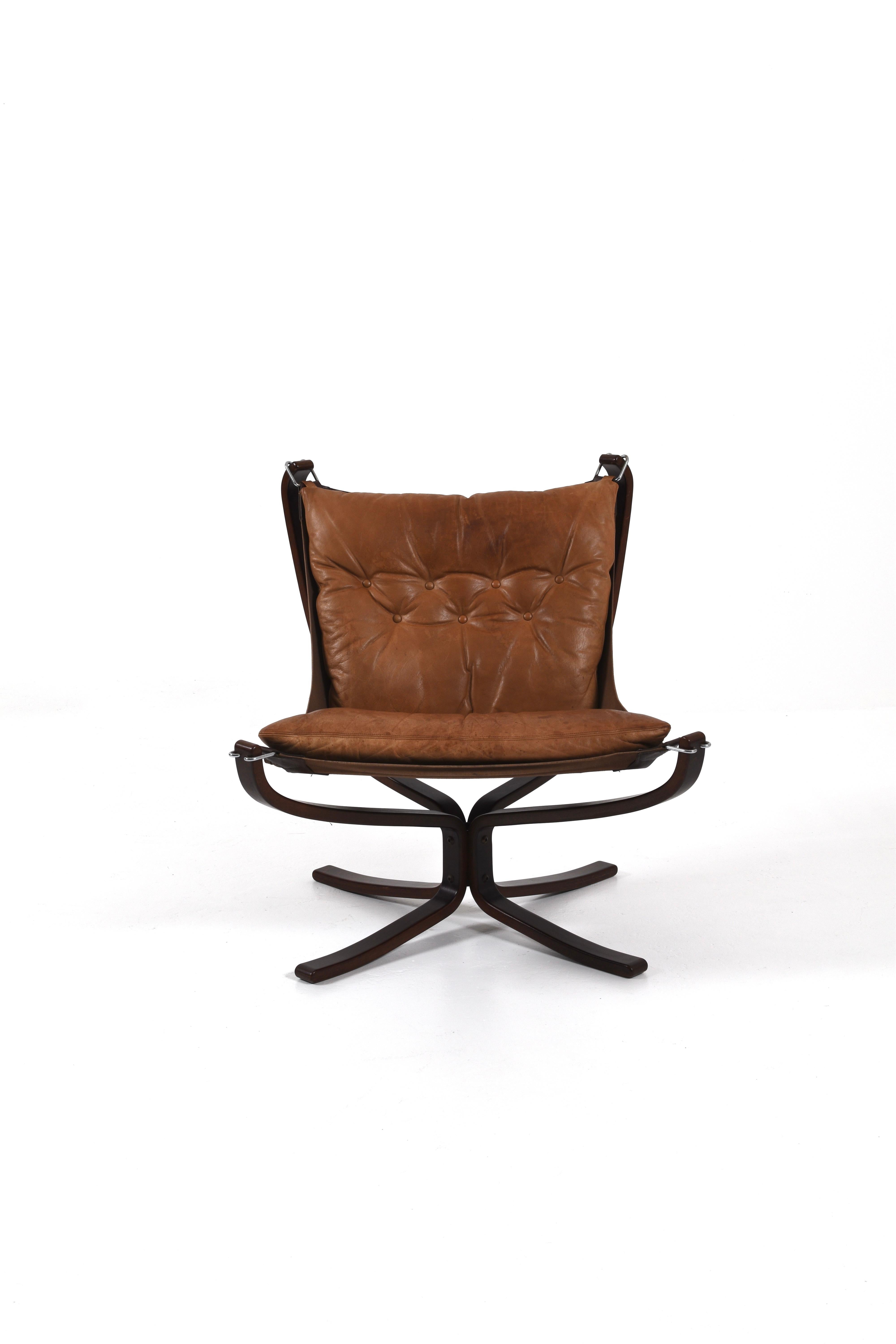 European Vintage Brown Leather Falcon Lounge Chair by Sigurd Ressell, Norway, 70s For Sale