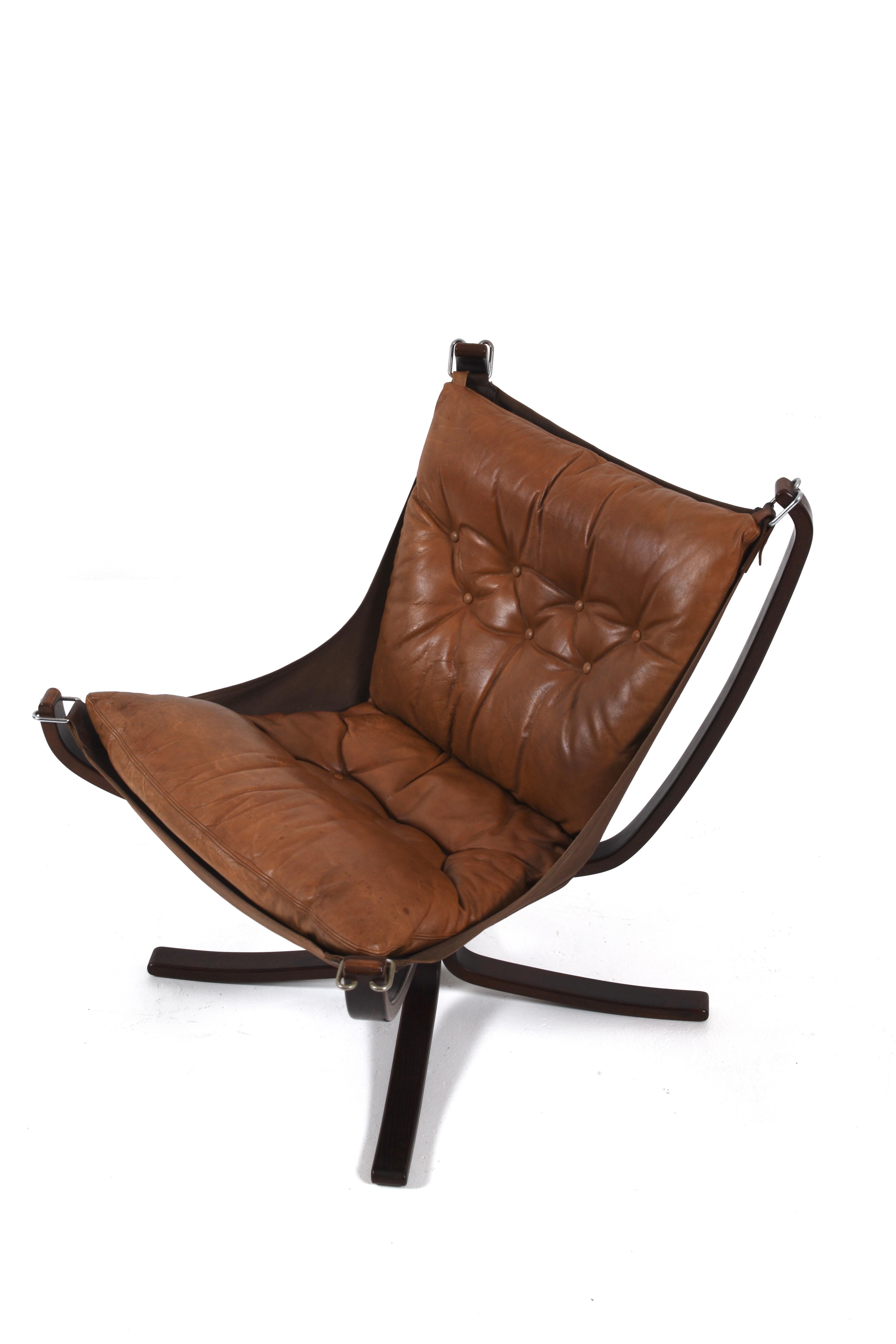European Vintage Brown Leather Falcon Lounge Chair by Sigurd Ressell, Norway, 70s For Sale