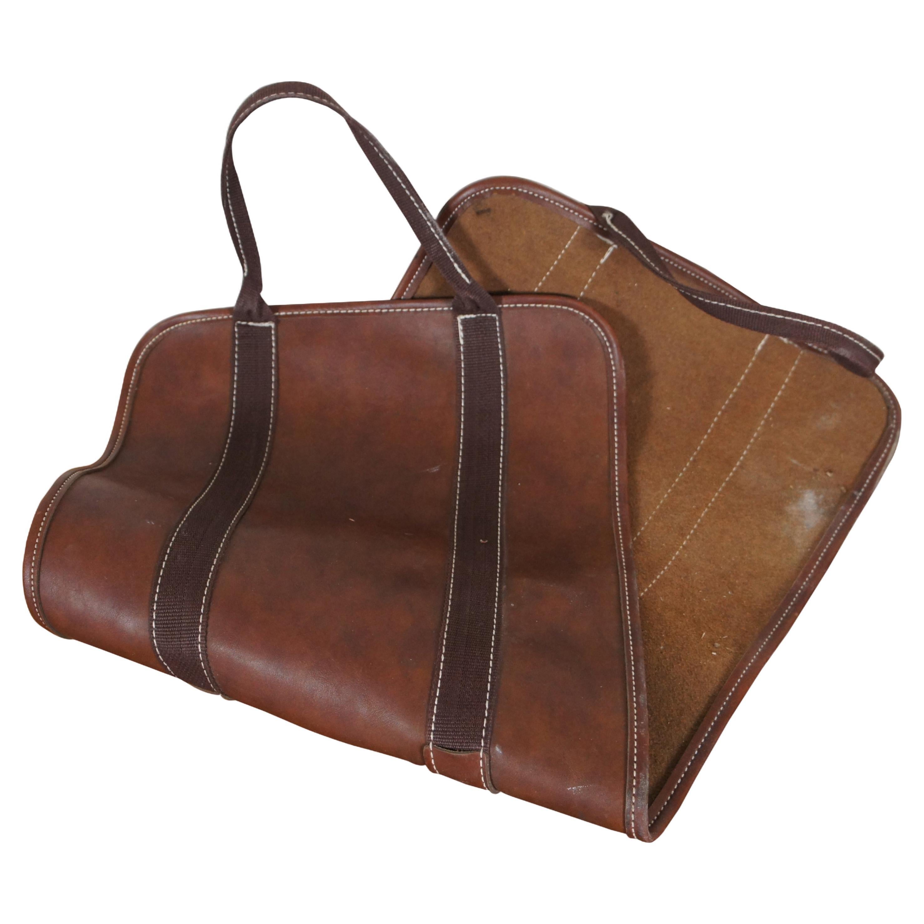 Vintage Brown Leather Farmhouse Fireplace Log Bag Holder Carrier Case 34" For Sale