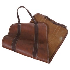 Vintage Brown Leather Farmhouse Fireplace Log Bag Holder Carrier Case 34"