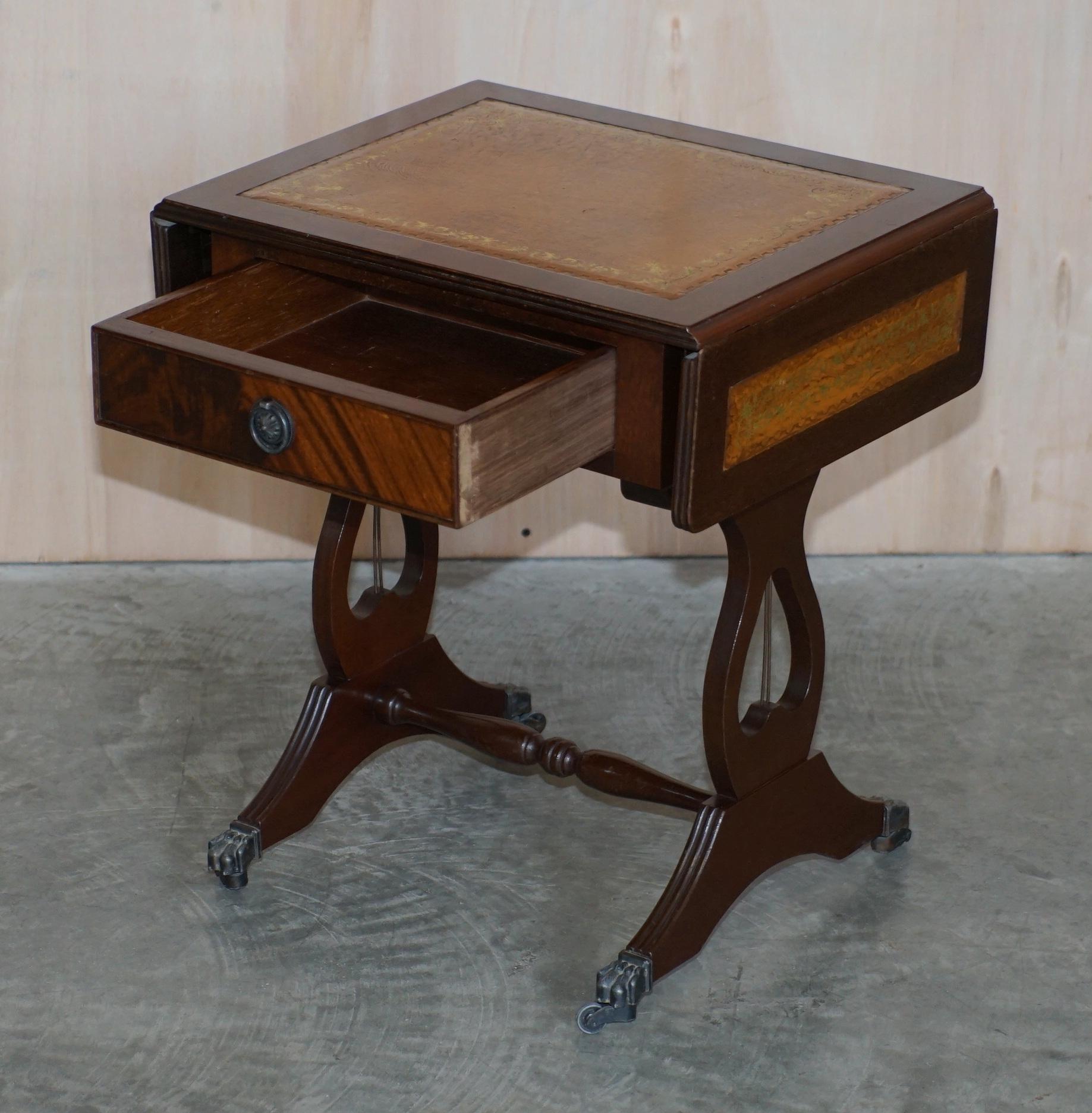 Vintage Brown Leather Gold Leaf Side End Table Extending Top Great Games Table For Sale 7
