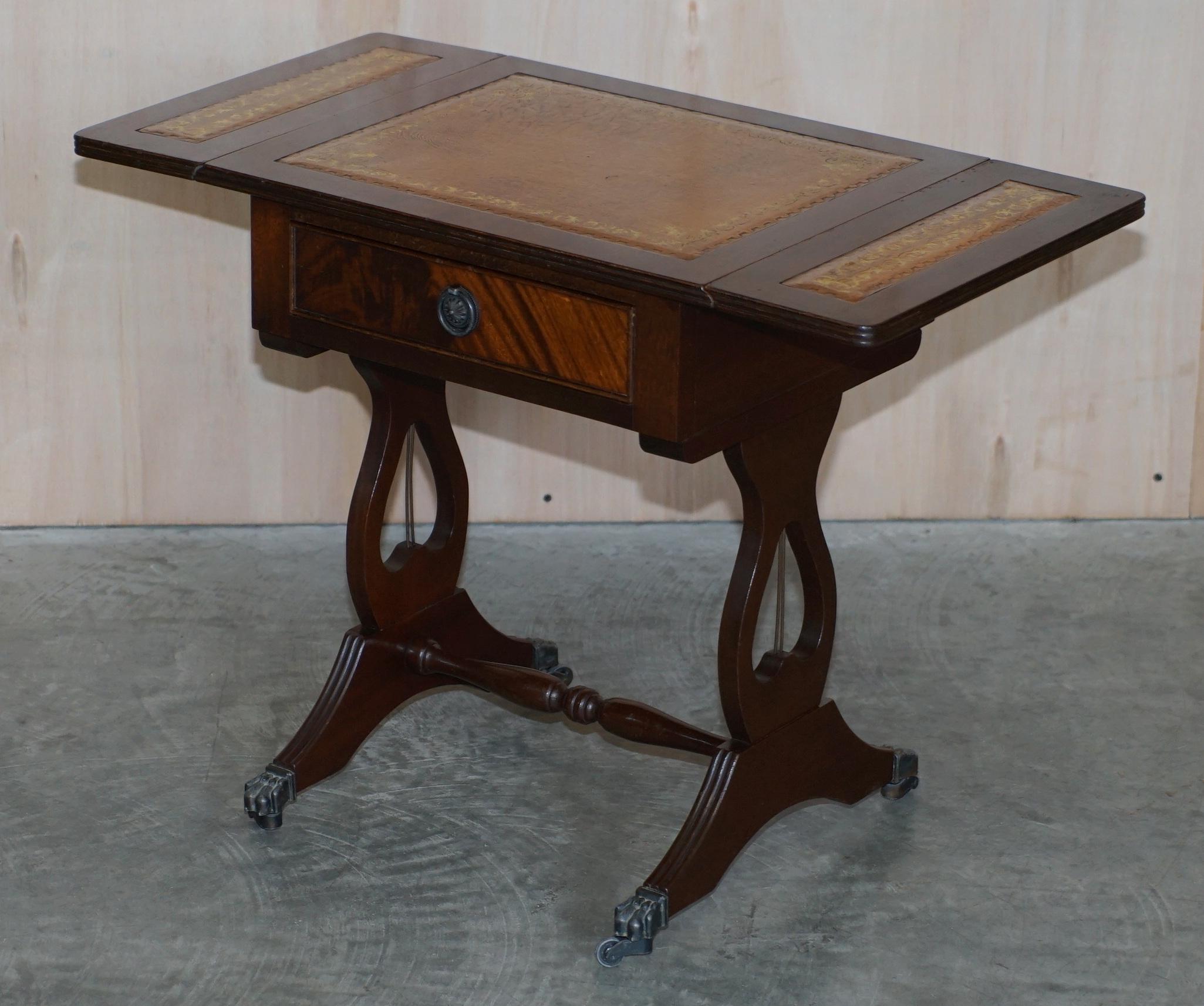 Vintage Brown Leather Gold Leaf Side End Table Extending Top Great Games Table For Sale 10