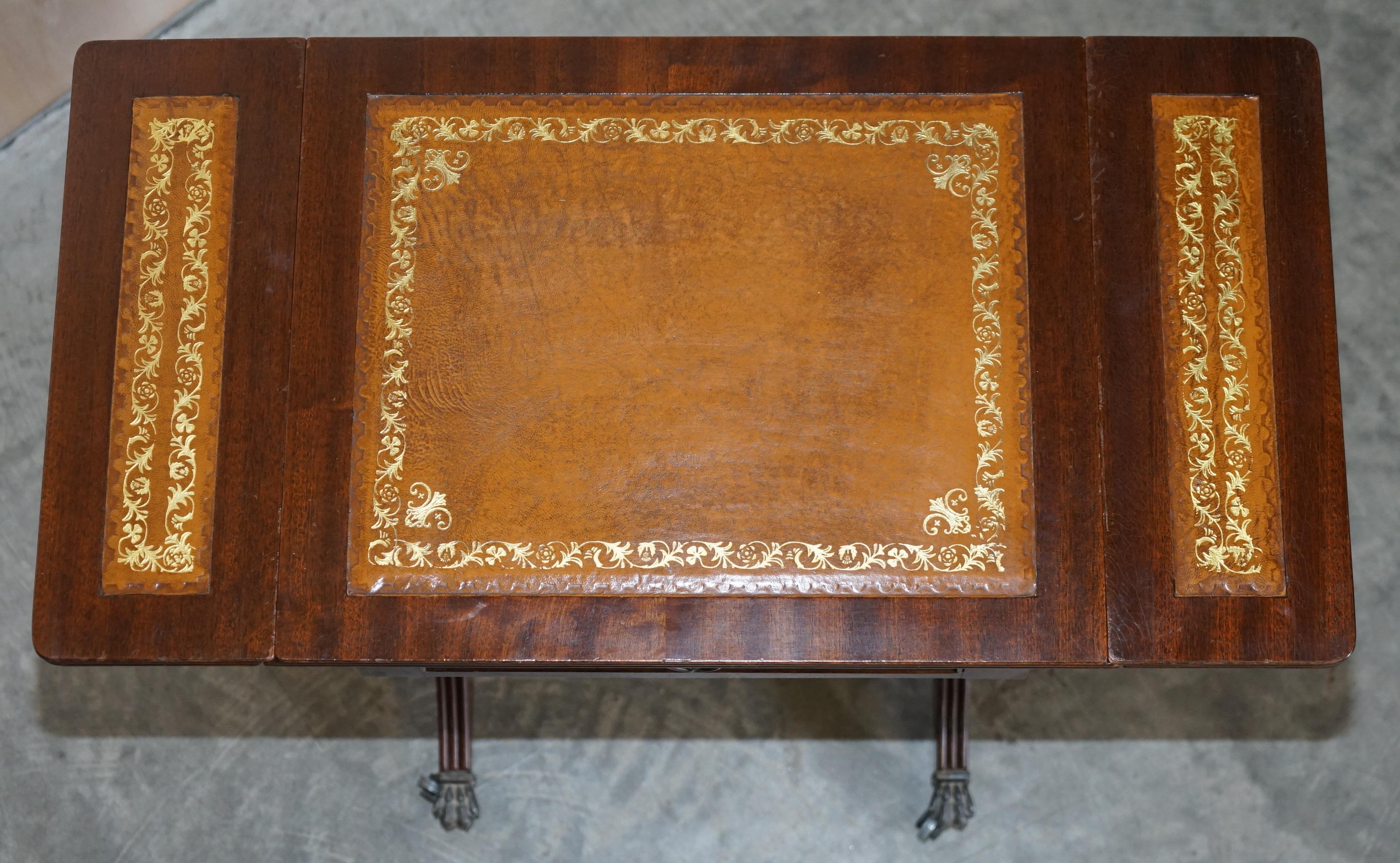 Vintage Brown Leather Gold Leaf Side End Table Extending Top Great Games Table For Sale 11