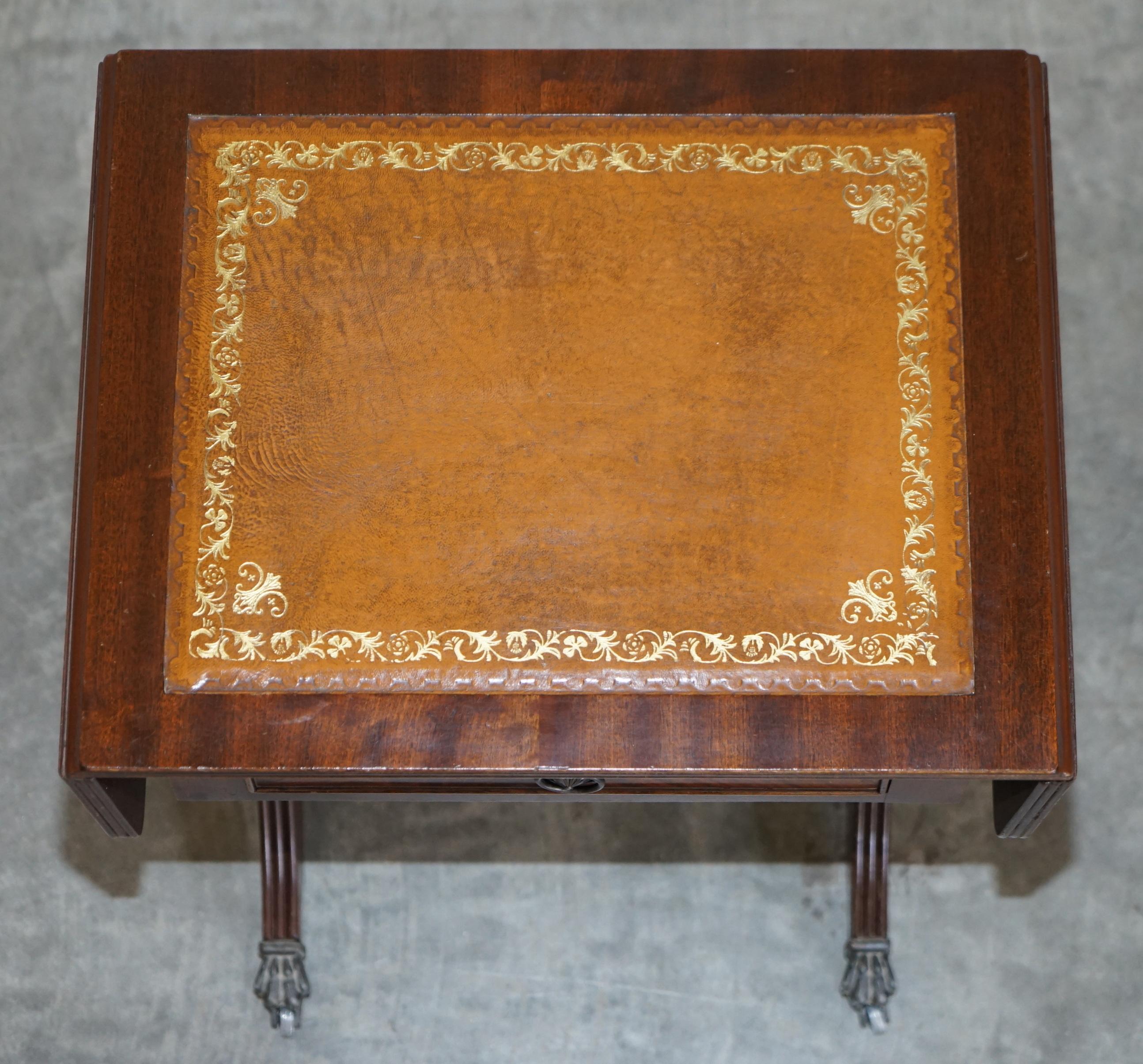 Hand-Crafted Vintage Brown Leather Gold Leaf Side End Table Extending Top Great Games Table For Sale