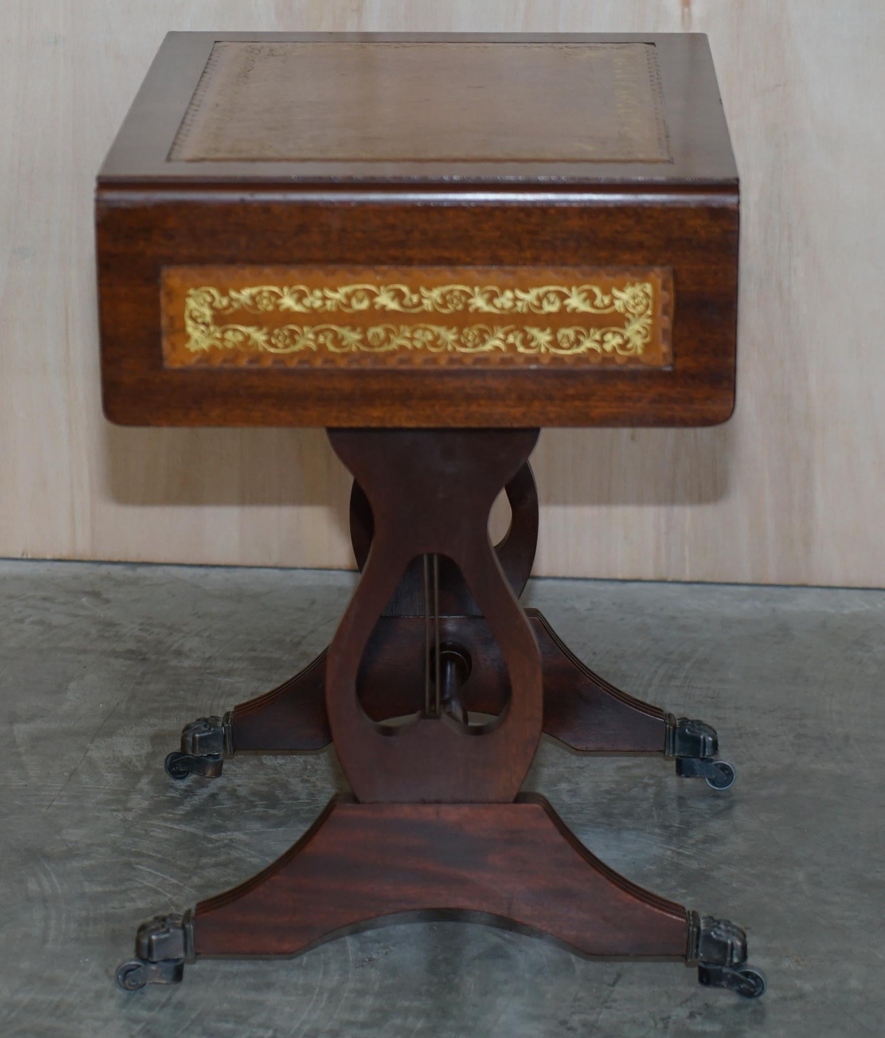 Vintage Brown Leather Gold Leaf Side End Table Extending Top Great Games Table For Sale 3