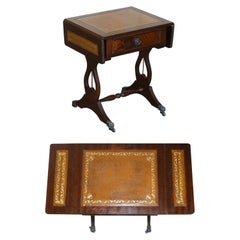 Vintage Brown Leather Gold Leaf Side End Table Extending Top Great Games Table