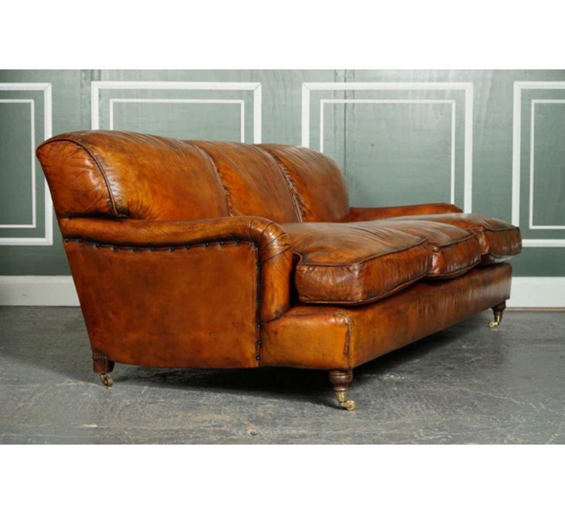 Victorian Vintage Brown Leather Hand Dyed Howards & Sons Style 3 Seater Sofa Feather For Sale