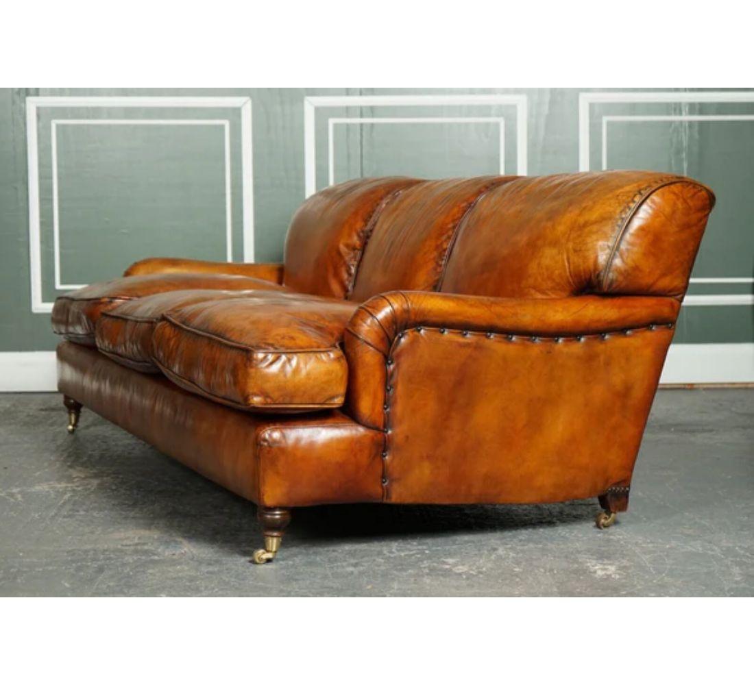 British Vintage Brown Leather Hand Dyed Howards & Sons Style 3 Seater Sofa Feather For Sale