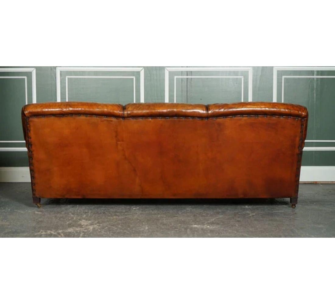 Hand-Crafted Vintage Brown Leather Hand Dyed Howards & Sons Style 3 Seater Sofa Feather For Sale