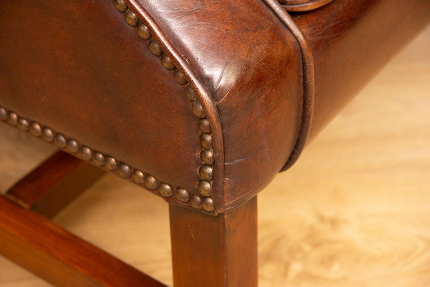 Vintage Brown Leather Hide Wing Chair 3