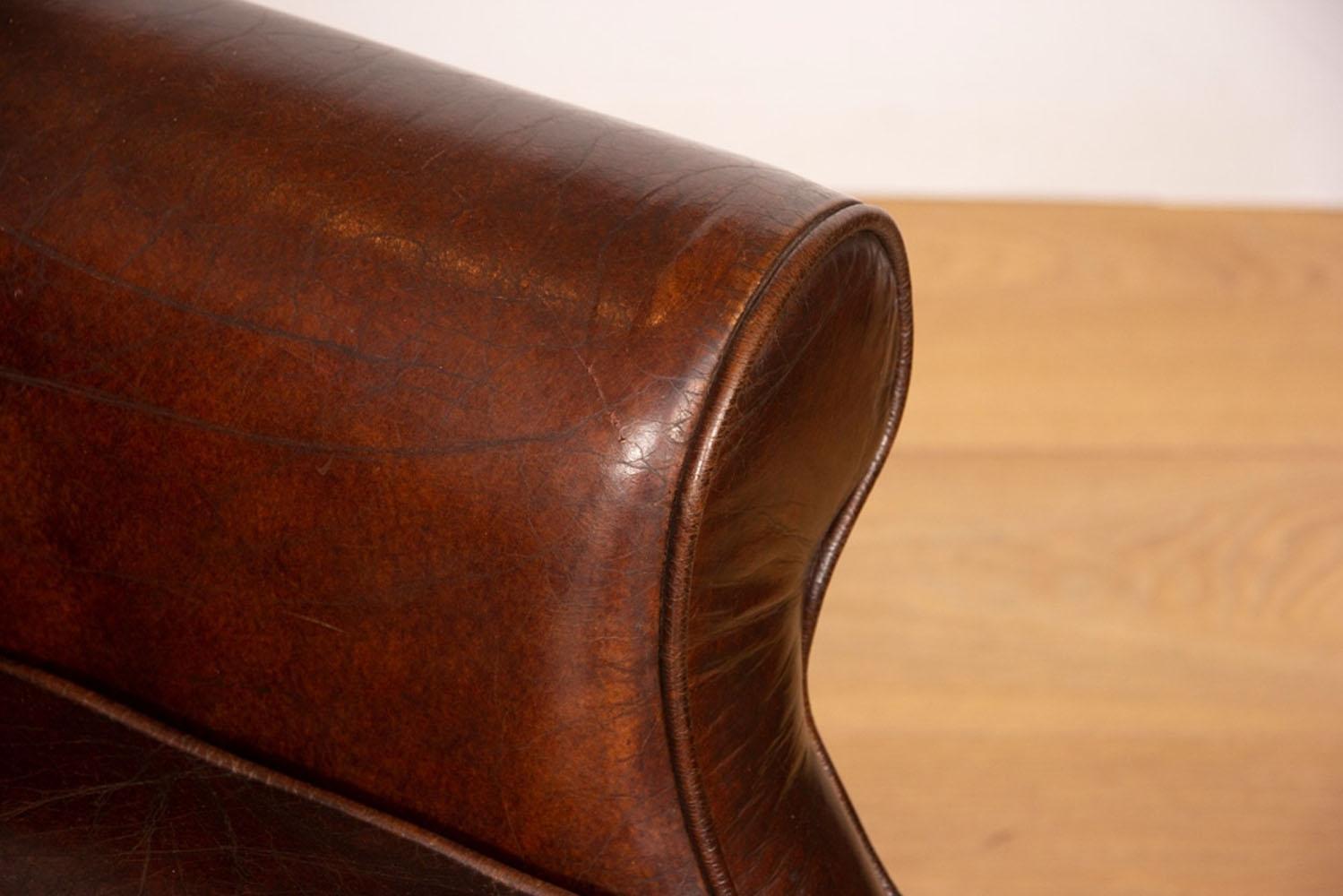 Vintage Brown Leather Hide Wing Chair 1