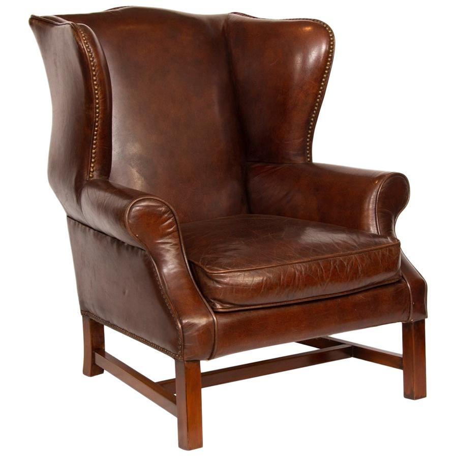 Vintage Brown Leather Hide Wing Chair