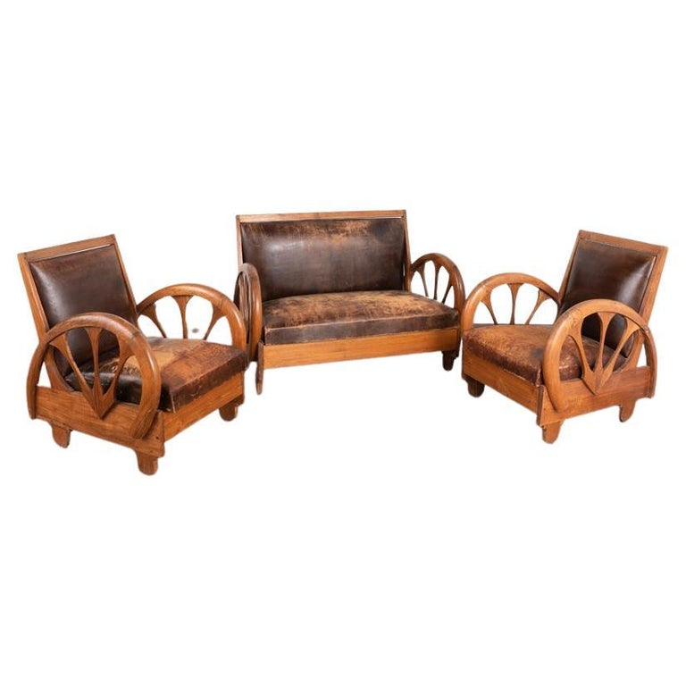 Vintage Brown Leather Loveseat and Pair of Arm Chairs, Set of 3 from