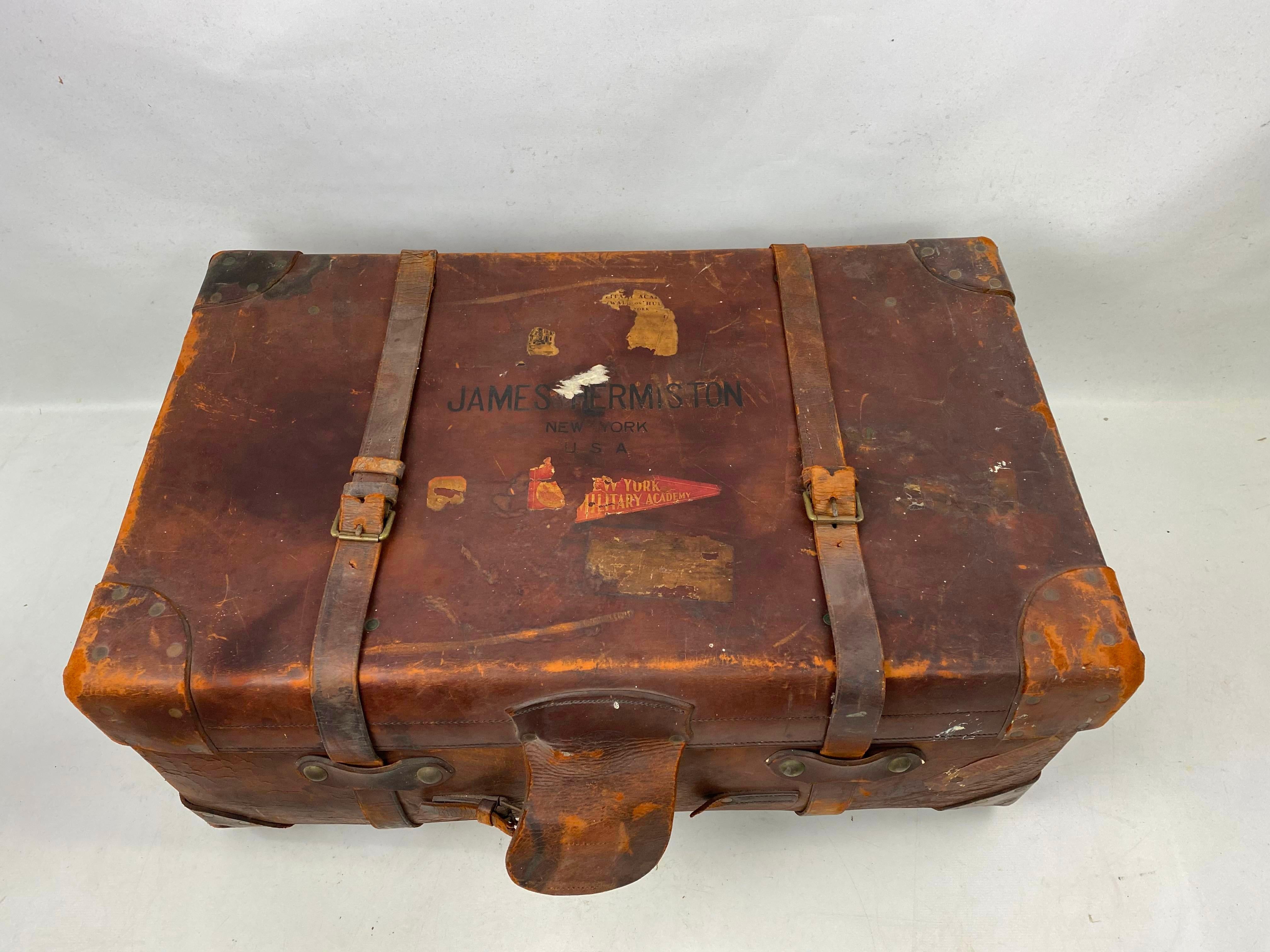 Vintage brown leather Military Travel Trunk by R.W. Forsyth. This is a very nice well loved leather trunk. The trunk has a great patina and has the original owners name on it and that he went to military academy.