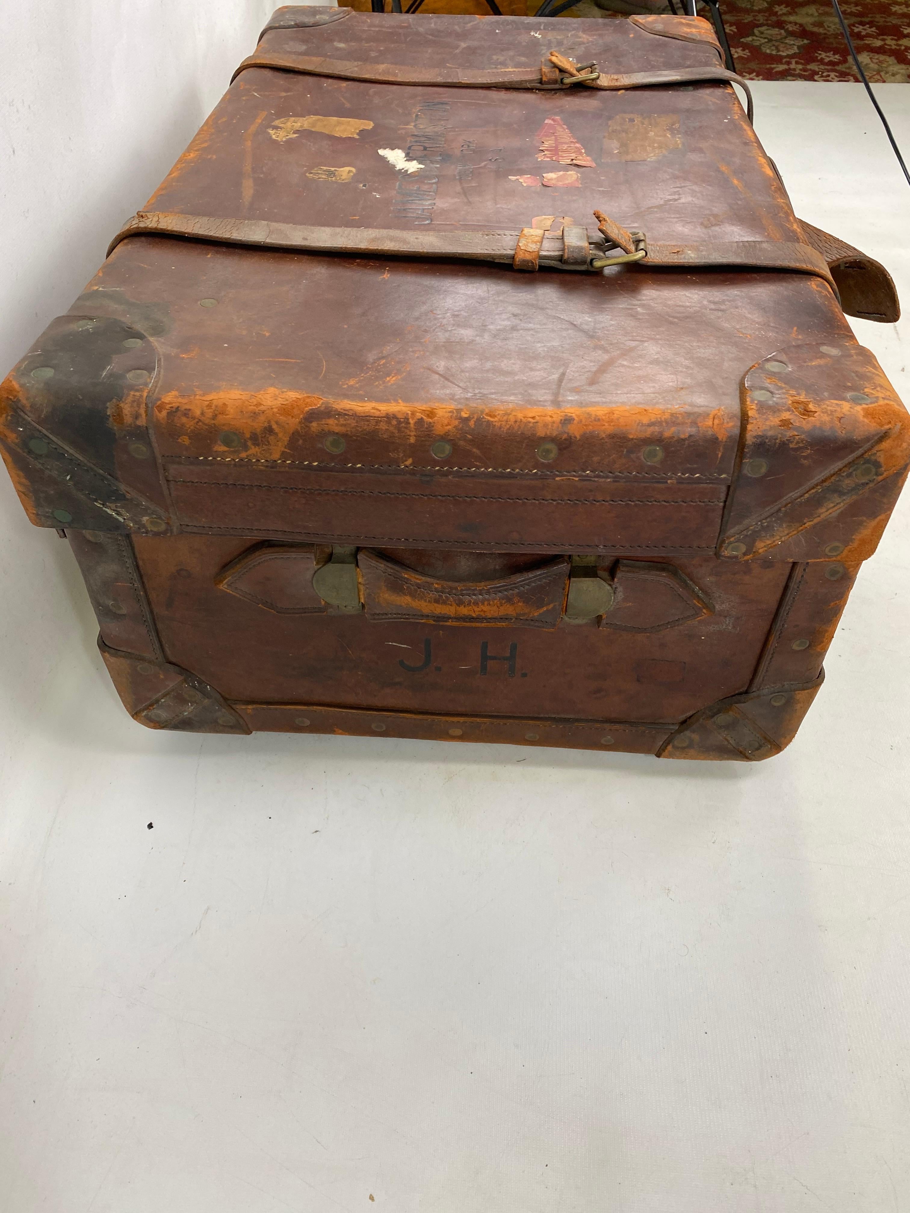 Country Vintage Brown Leather Military Travel Trunk by R.W. Forsyth For Sale