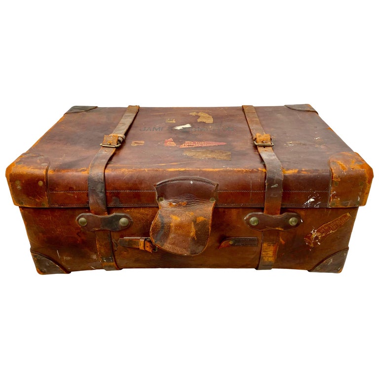 Vintage Brown Leather Military Travel Trunk by R.W. Forsyth For Sale at