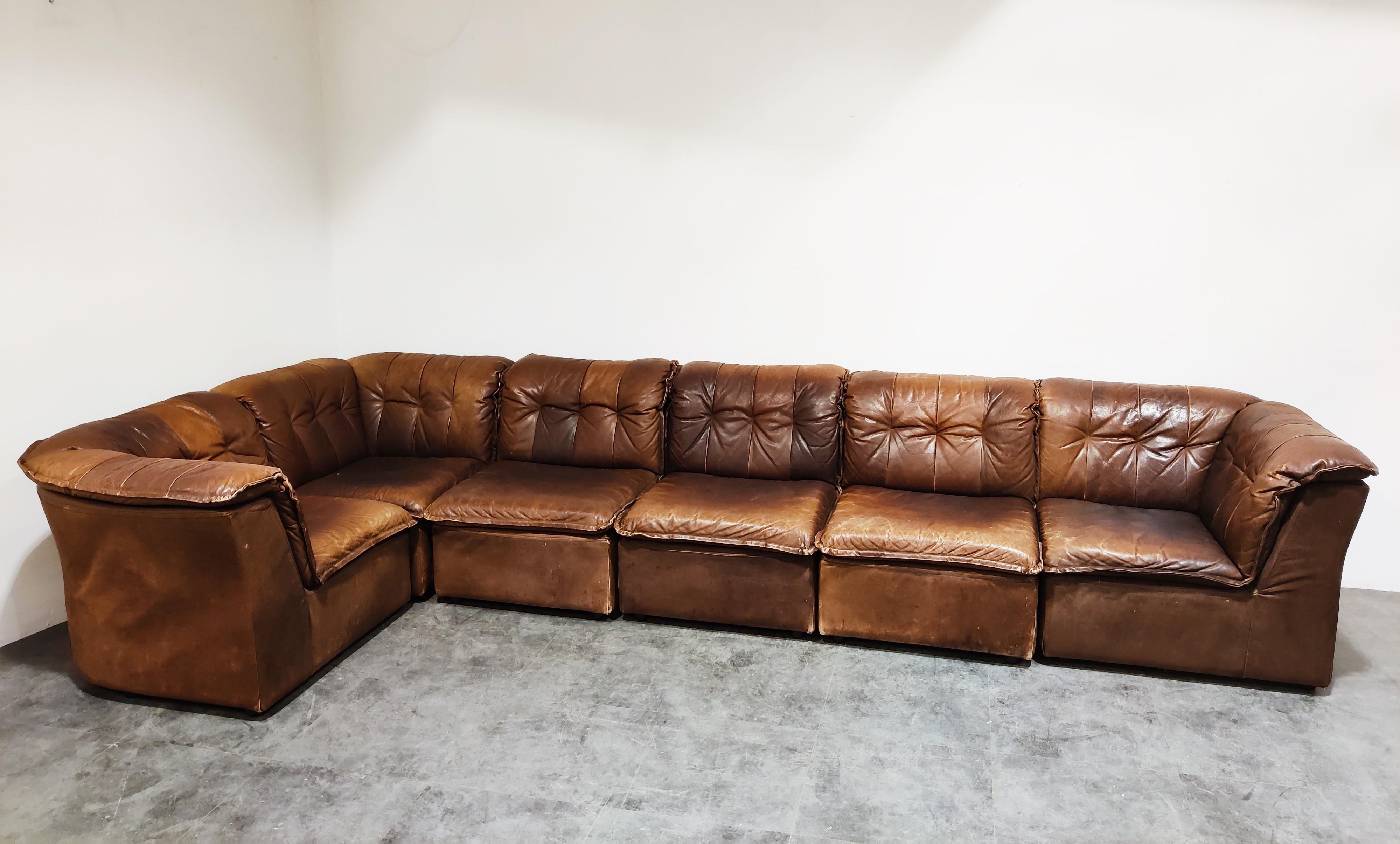 Mid-Century Modern Vintage Brown Leather Modular Sofa, 1960s