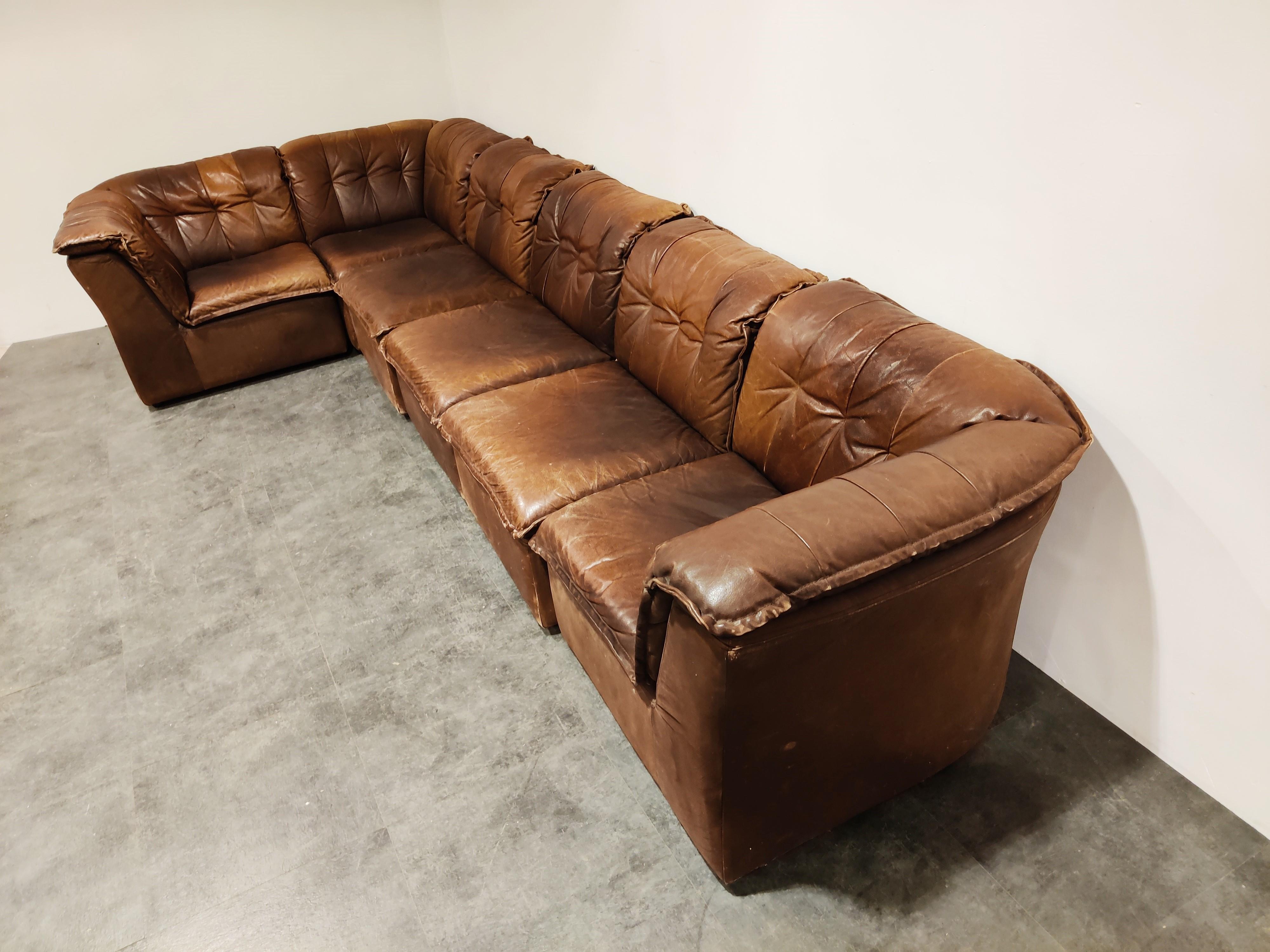 German Vintage Brown Leather Modular Sofa, 1960s