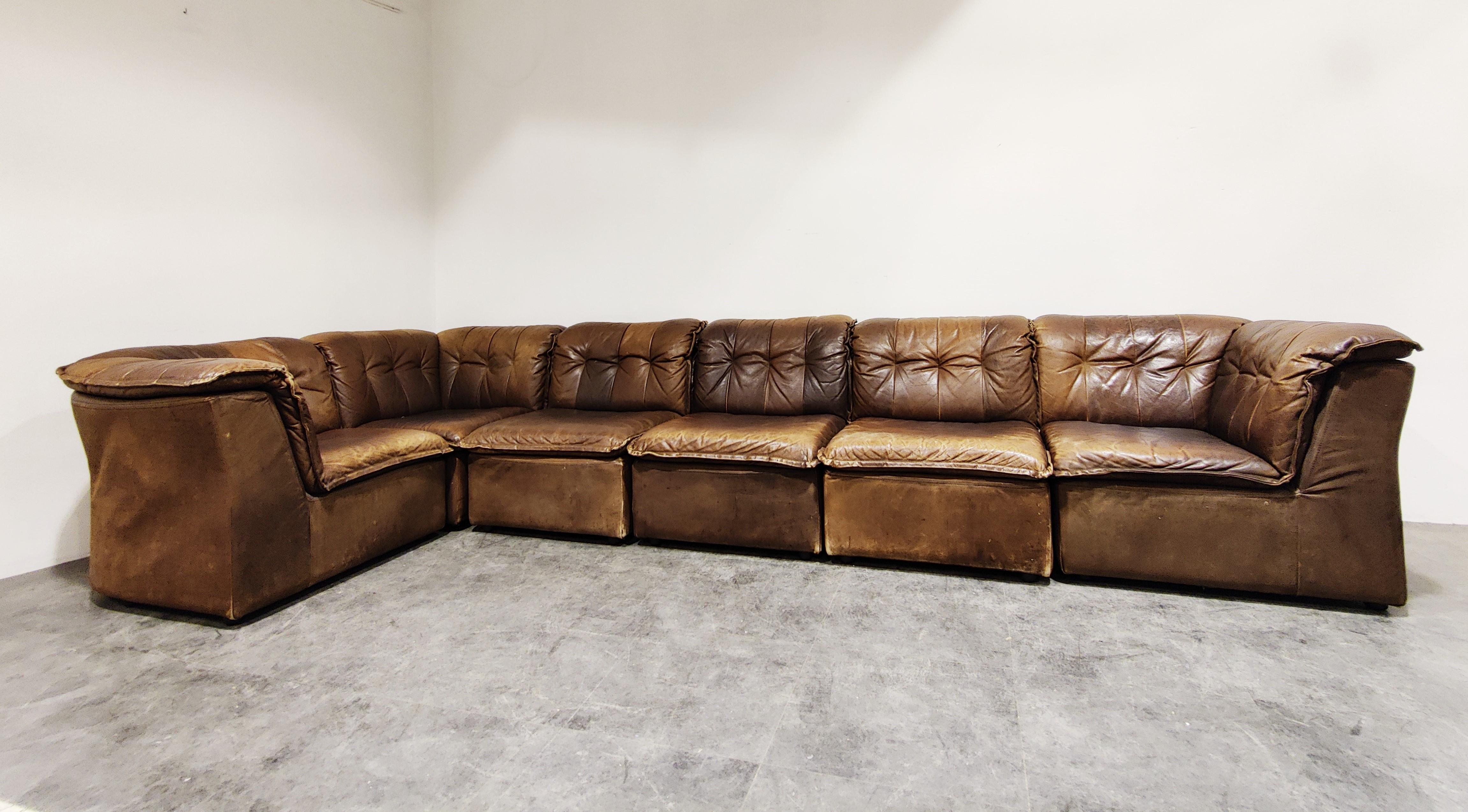 Vintage Brown Leather Modular Sofa, 1960s In Good Condition In HEVERLEE, BE