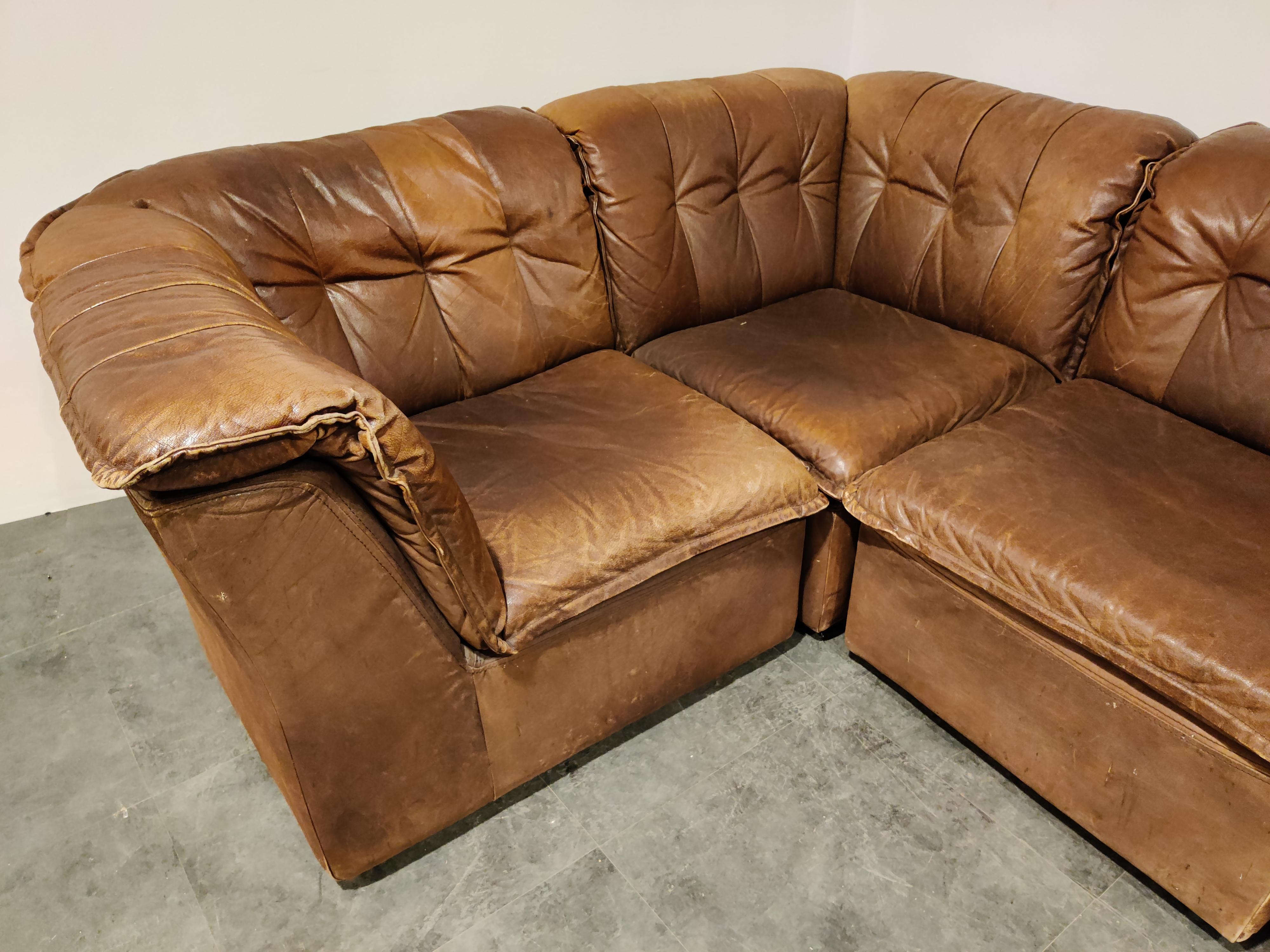 Mid-20th Century Vintage Brown Leather Modular Sofa, 1960s