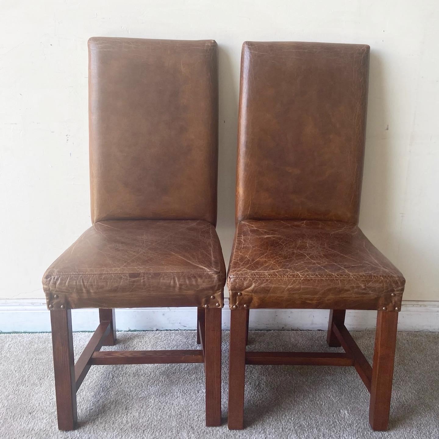 Rustic Vintage Brown Leather Parsons Dining Chairs, a Pair