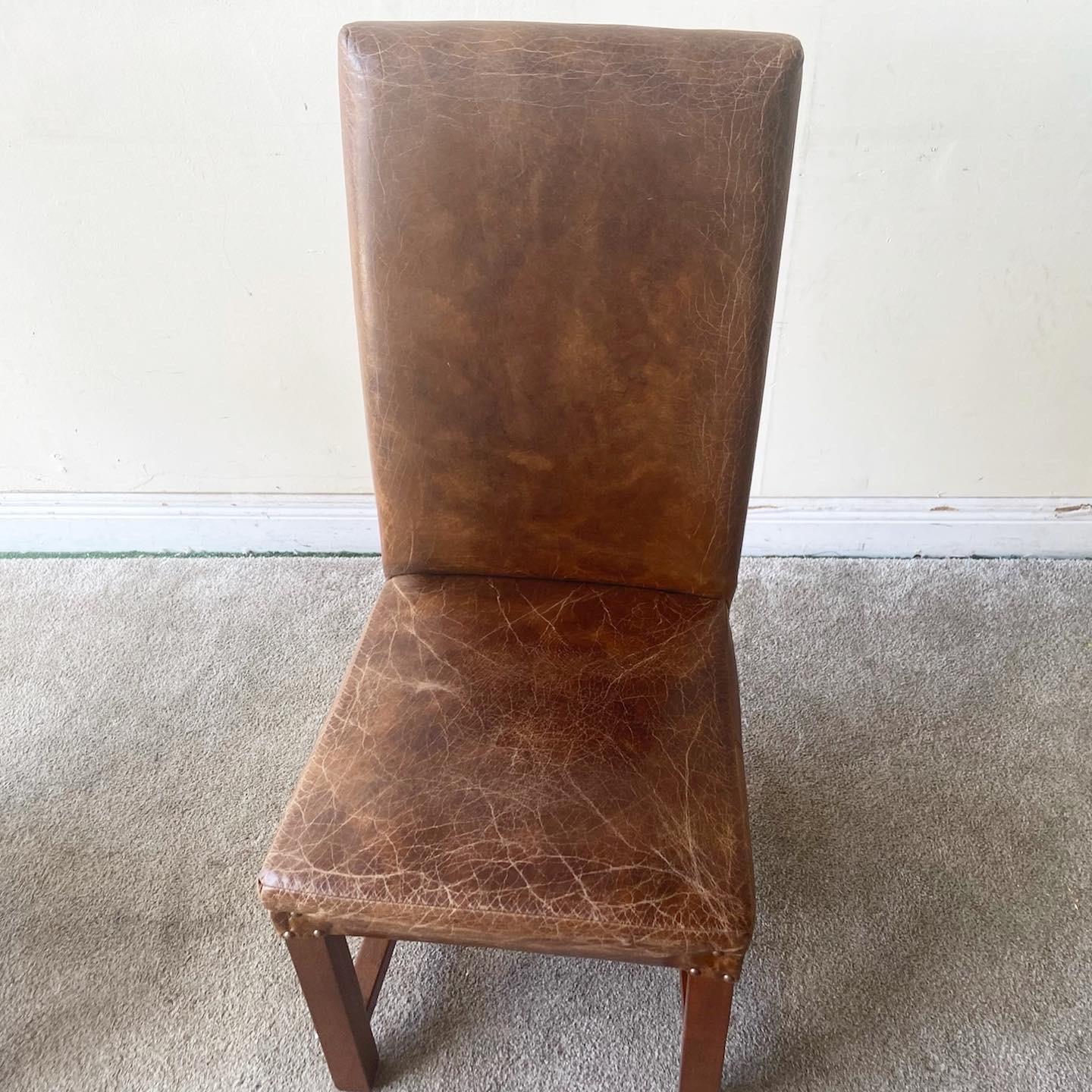 Vintage Brown Leather Parsons Dining Chairs, a Pair In Good Condition In Delray Beach, FL
