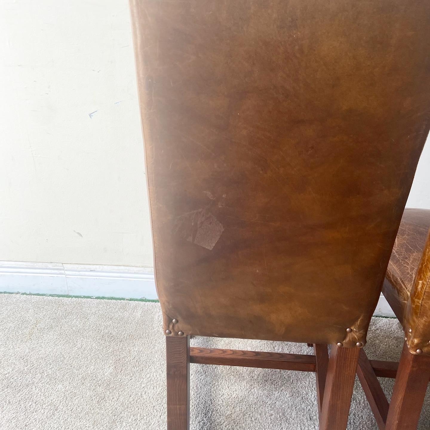 Late 20th Century Vintage Brown Leather Parsons Dining Chairs, a Pair