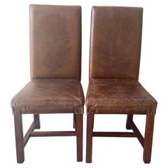 Vintage Brown Leather Parsons Dining Chairs - a Pair