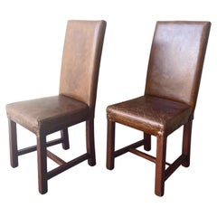 Vintage Brown Leather Parsons Dining Chairs, a Pair