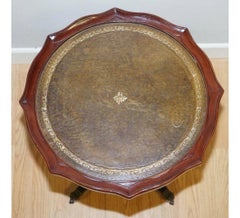 Vintage Brown Leather Plant Wine Tripod Stand on Paw Feet with Castors