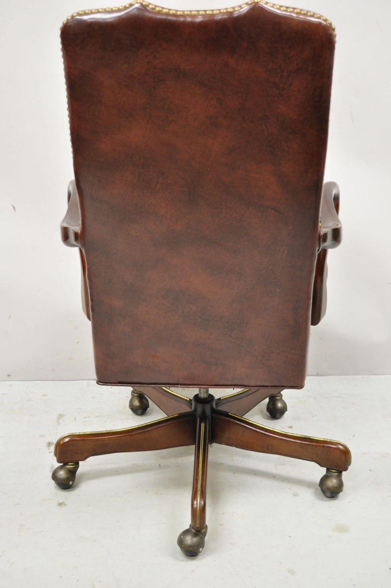 Vintage Brown Leather Queen Anne Rolling Executive Office Desk Arm