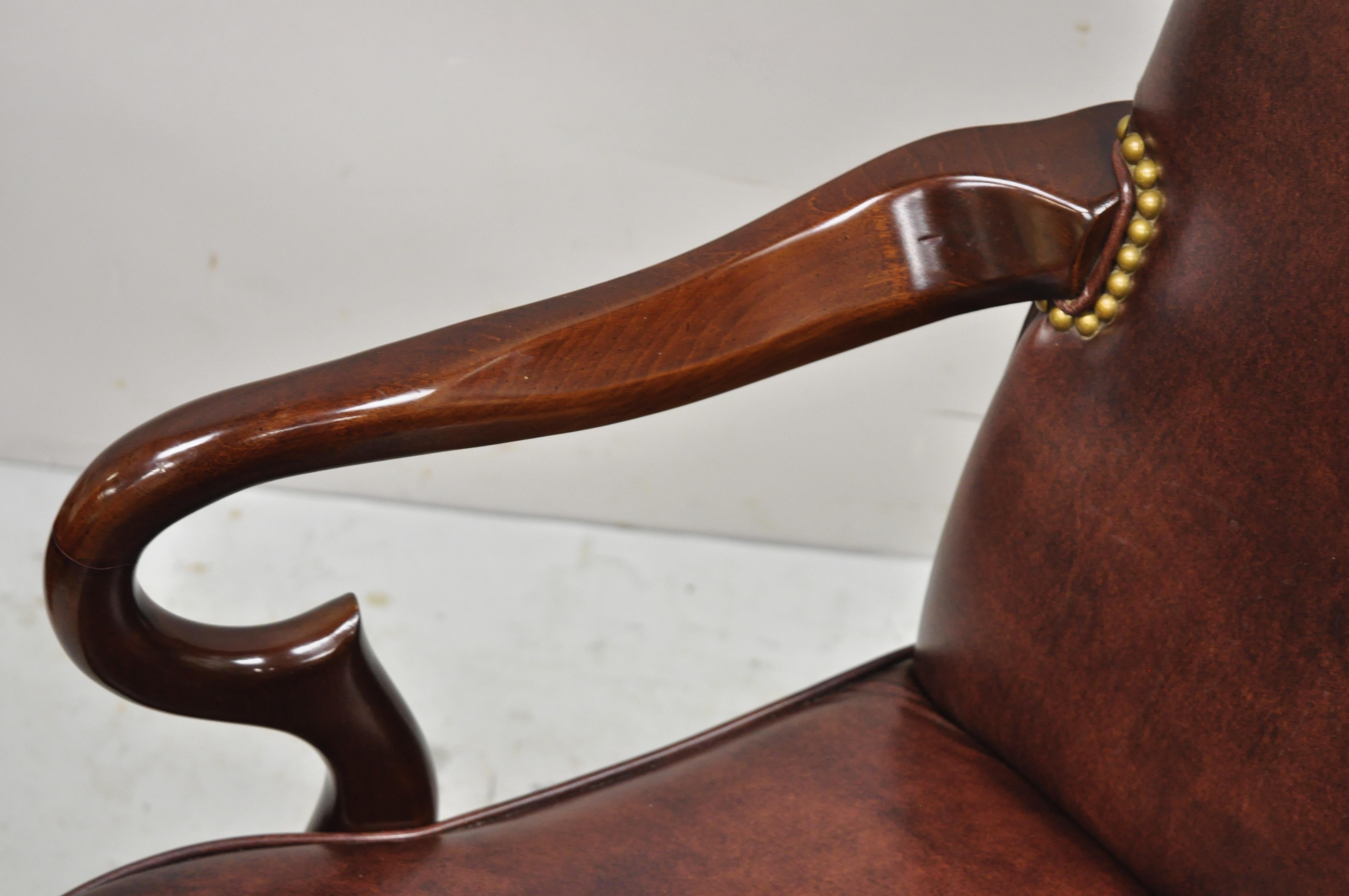 Vintage Brown Leather Queen Anne Rolling Executive Office Desk Arm Chair 3