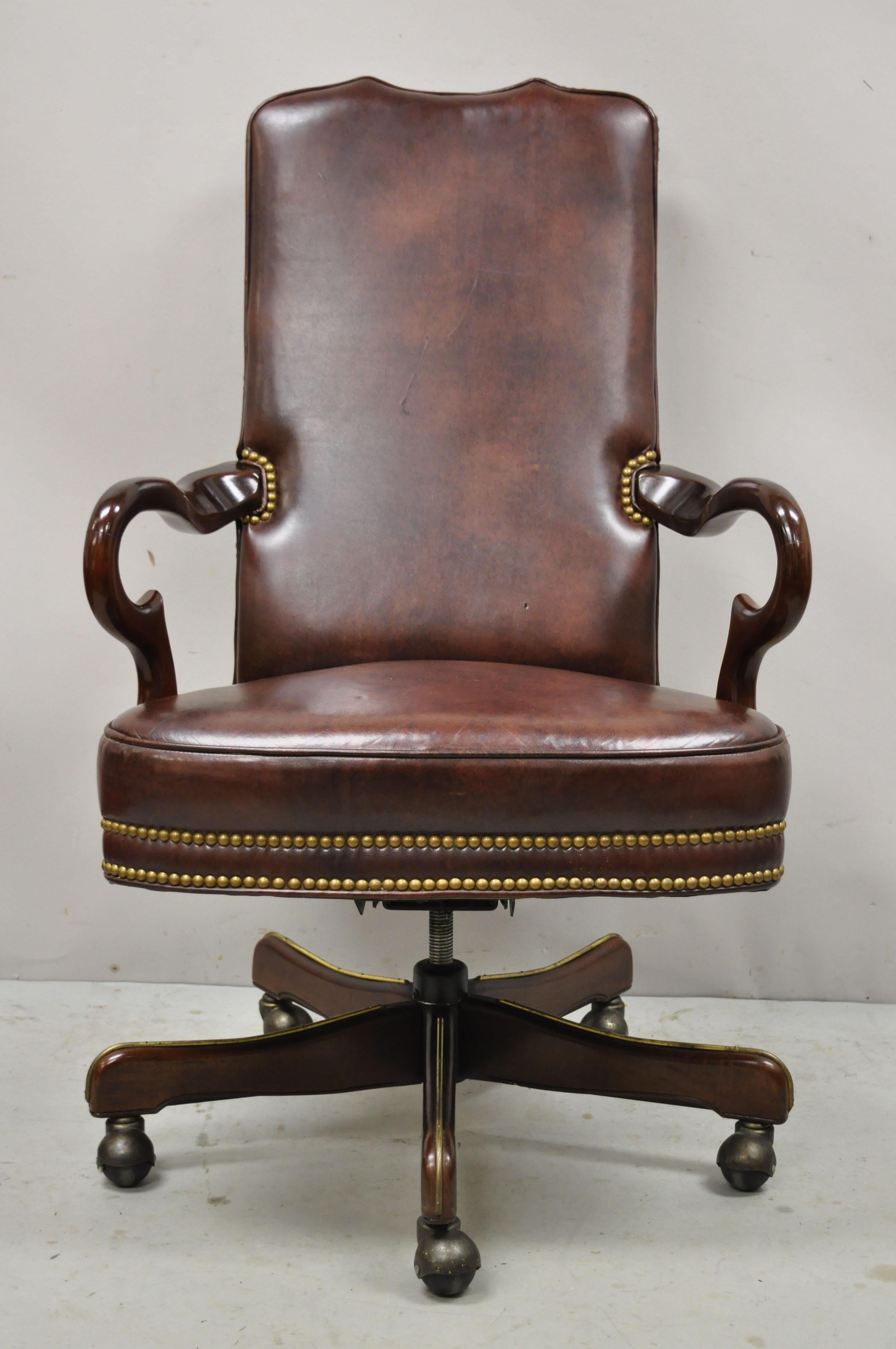 Vintage Brown Leather Queen Anne Rolling Executive Office Desk Arm Chair 4
