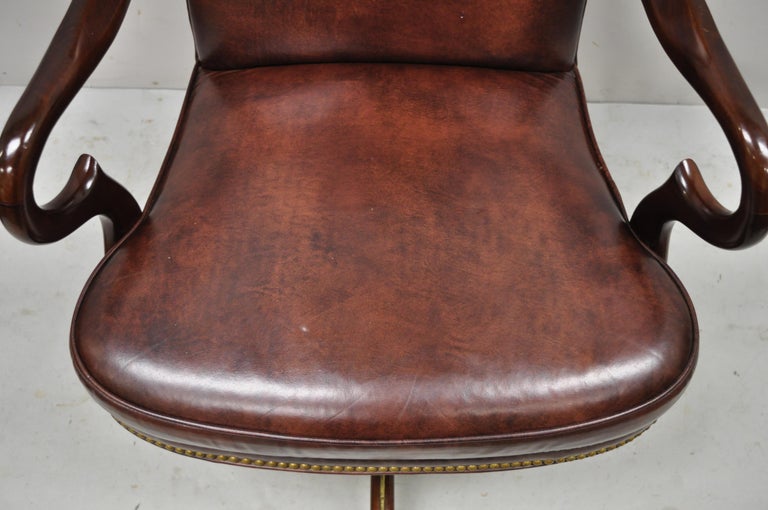 Vintage Brown Leather Queen Anne Rolling Executive Office Desk Arm