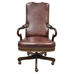 Vintage Brown Leather Queen Anne Rolling Executive Office Desk Arm Chair