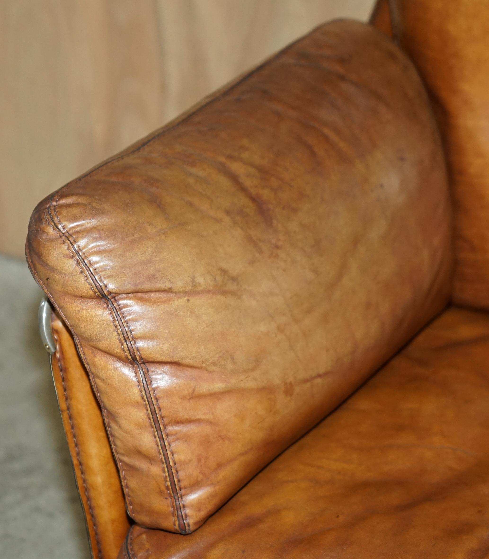 Hand-Crafted ViNTAGE BROWN LEATHER ROCHE BOBOIS MID CENTURY MODERN CONTEMPORARY SOFA For Sale