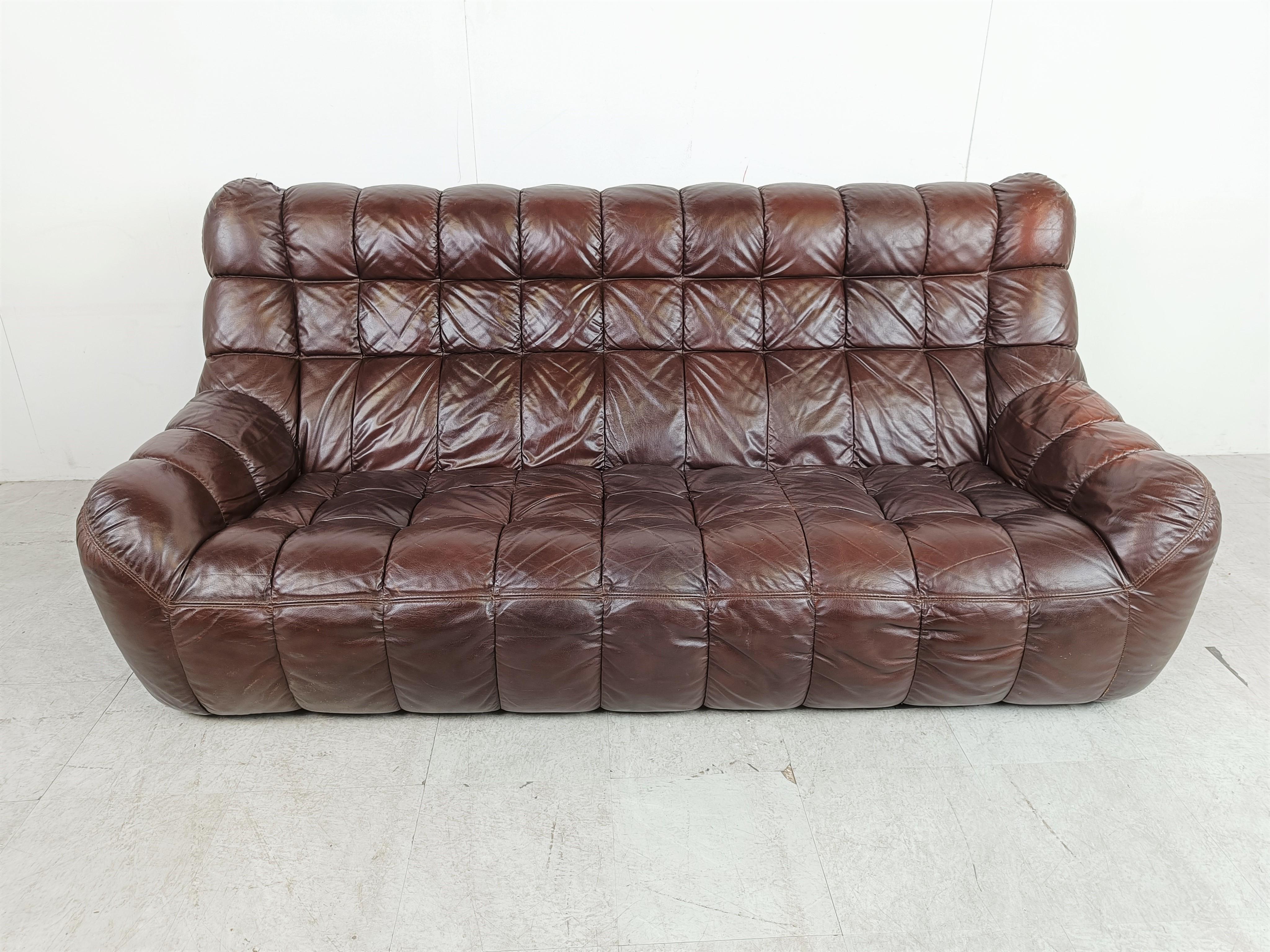 French Vintage brown leather sofa, 1970s 